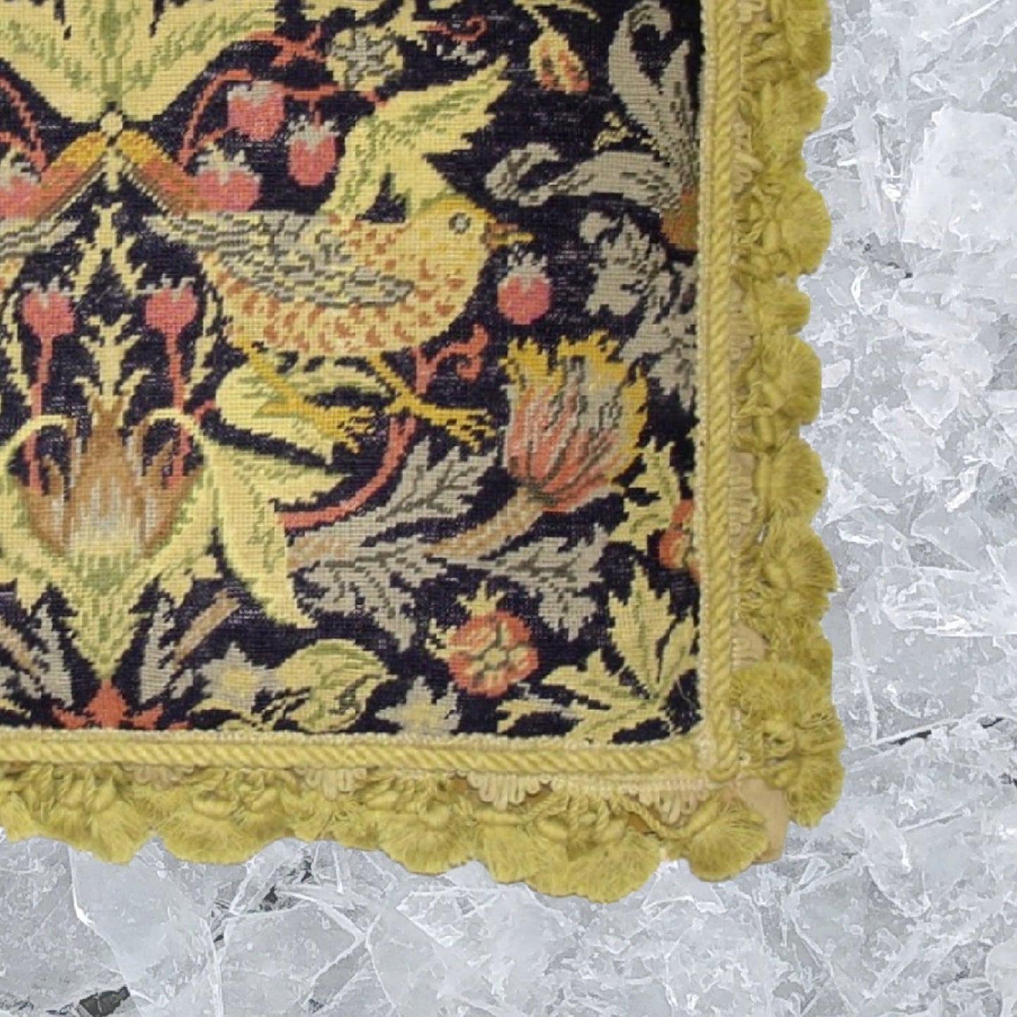 Handmade Wool Needlepoint Pillow Cover - Decorative Throw Cushion Cover - Vintage Floral Embroidery Design William Moris Design 2 yellow birds dark navy background gold tassels