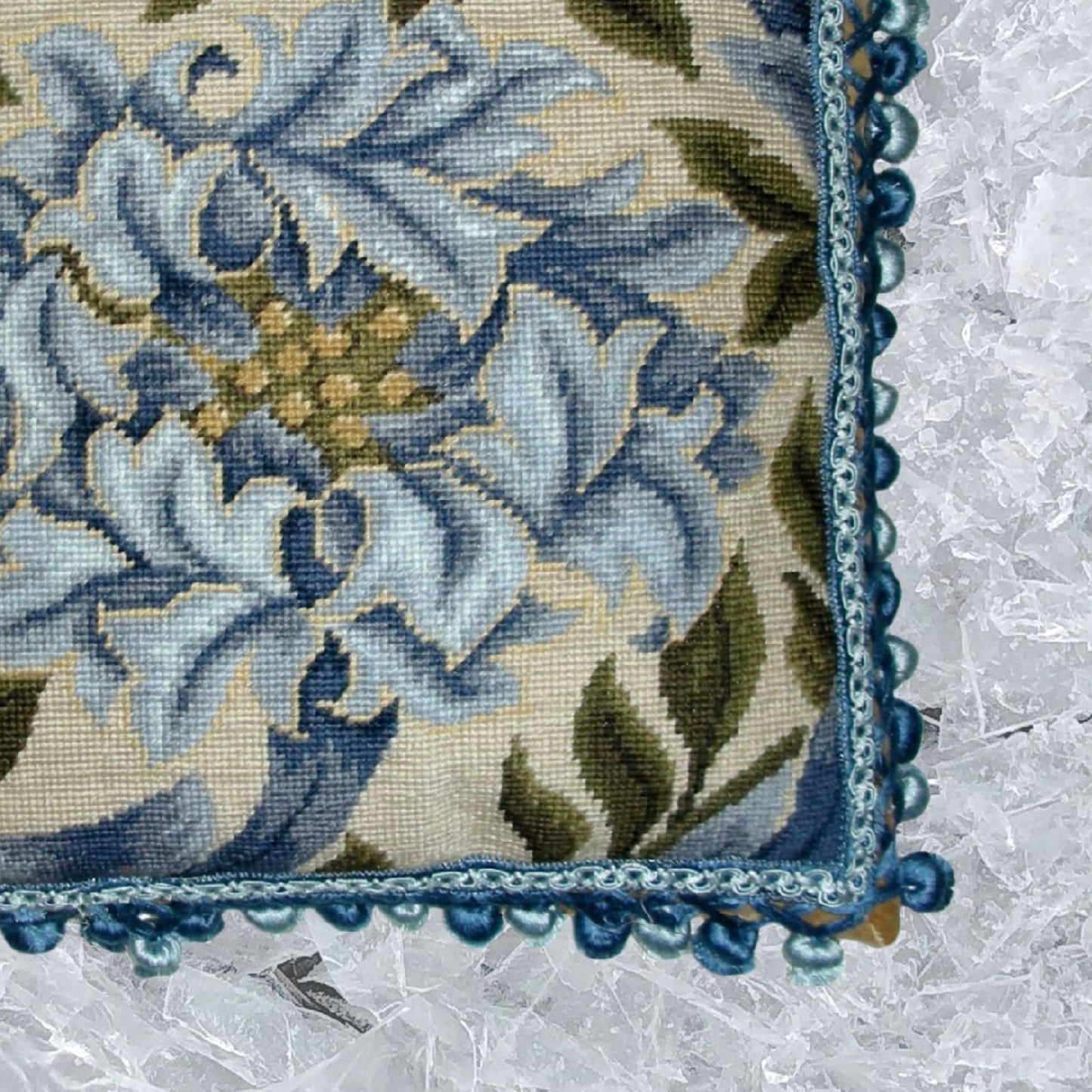 Handmade Wool Needlepoint Pillow Cover - Decorative Throw Cushion Cover - Vintage Floral Embroidery Design William Morris blue Chrysanthemum with 2 color blue tassels