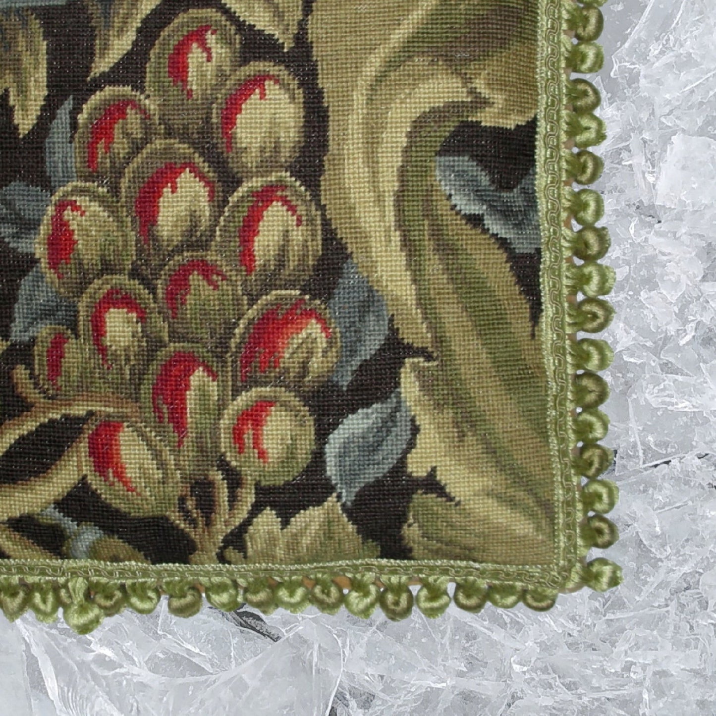 Handmade Wool Needlepoint Pillow Cover - Decorative Throw Cushion Cover - Vintage Floral Embroidery Design William Morris red fruit with tassels