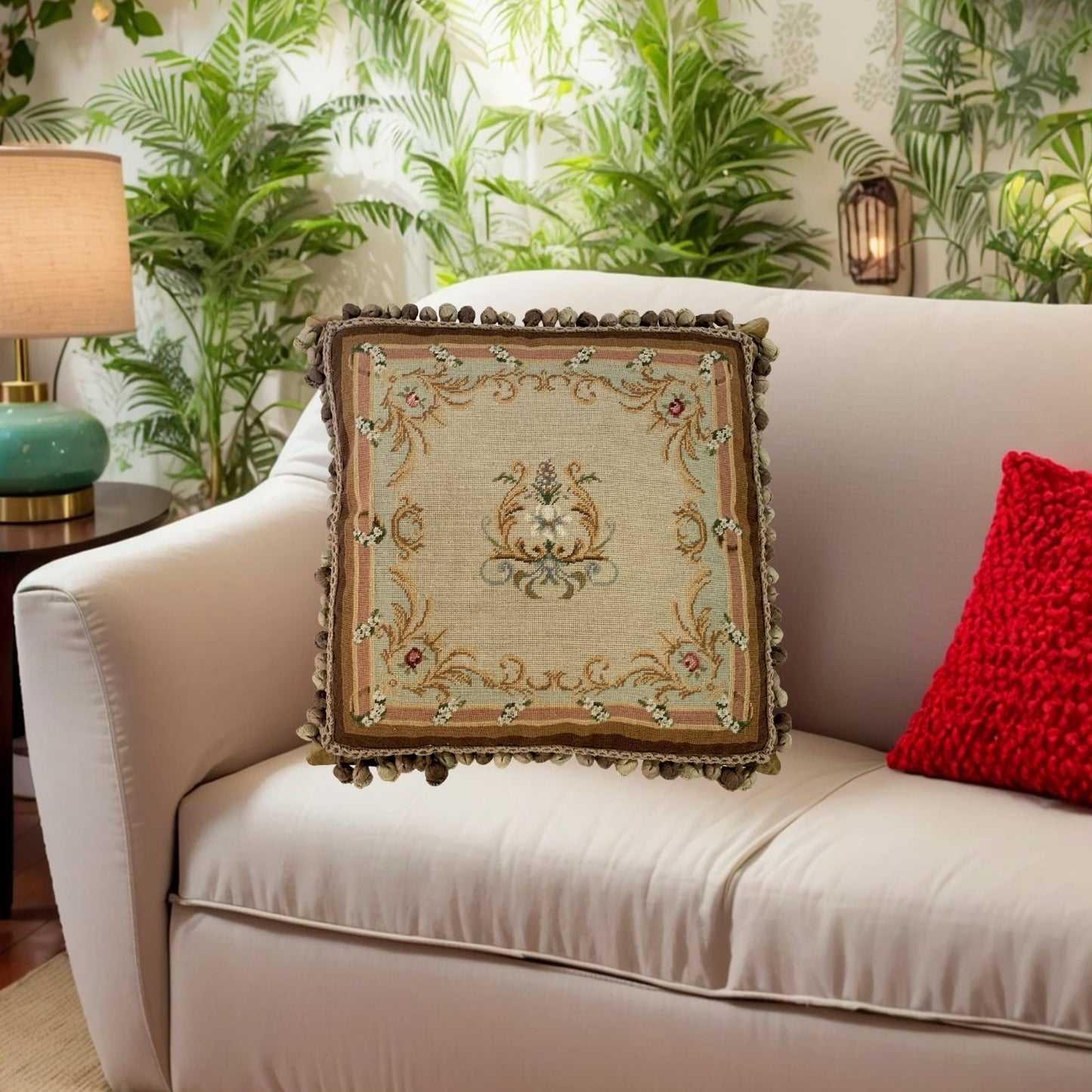 Handmade Wool Needlepoint Pillow Cover - Decorative Throw Cushion Cover - Vintage Floral Embroidery Design  yellow harp floral with 3 color tassel