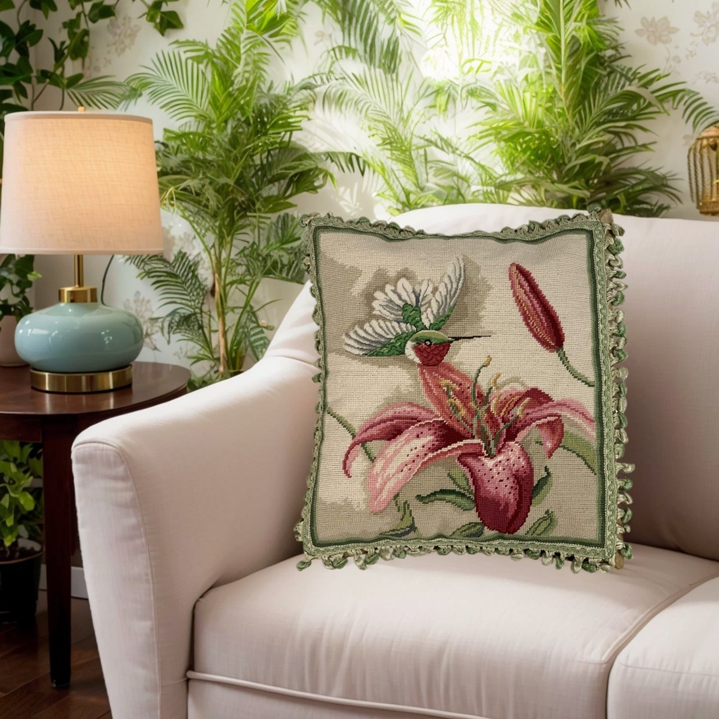 Handmade Wool Needlepoint Pillow Cover - Decorative Throw Cushion Cover - Vintage Floral Embroidery Designhummingbird top of pink lily with 2color tassel