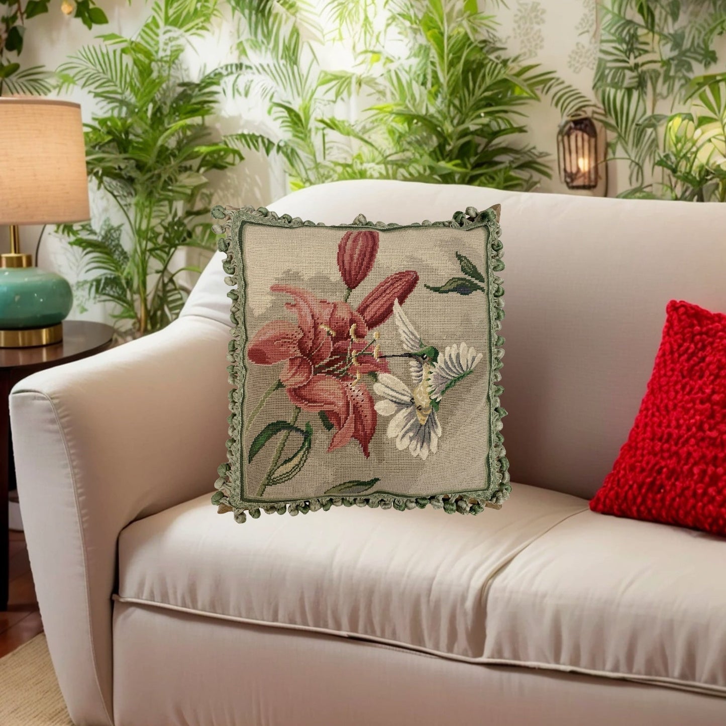 Handmade Wool Needlepoint Pillow Cover - Decorative Throw Cushion Cover - Vintage Floral Embroidery Designhumming bird at side of pink lily with 2 color tassel