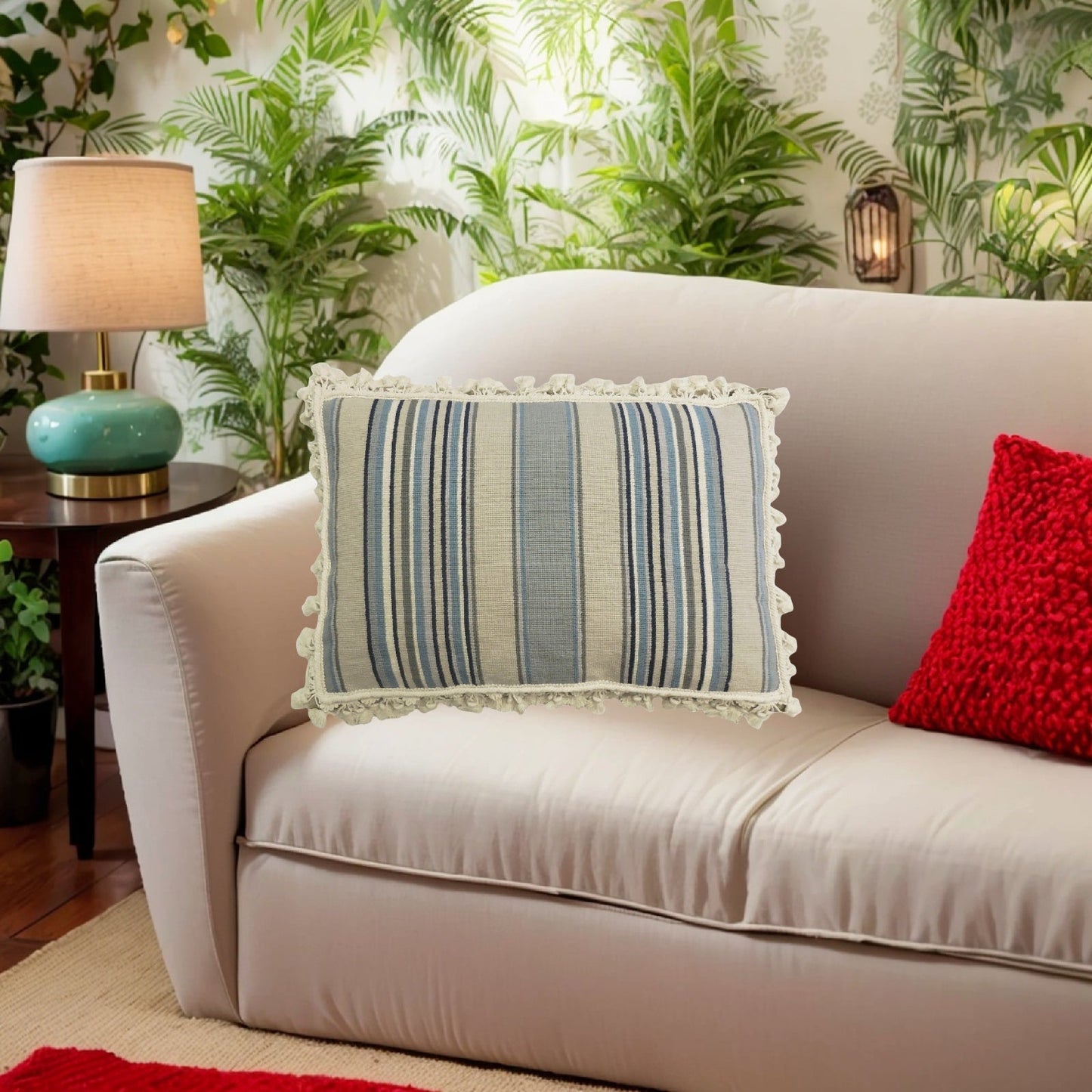 Handmade Wool Needlepoint Pillow Cover - Decorative Throw Cushion Cover - Vintage Floral Embroidery Design strips in blue/sand/navy/ivory with tassels