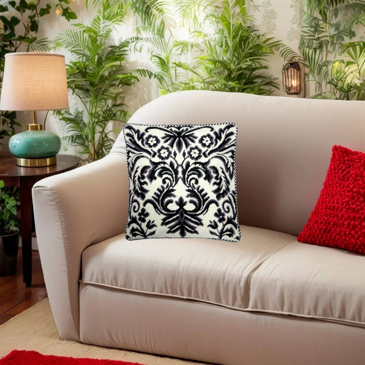 Handmade Wool Needlepoint Pillow Cover - Decorative Throw Cushion Cover - Vintage Floral Embroidery Design b/w floral deisgn with 2 color cording