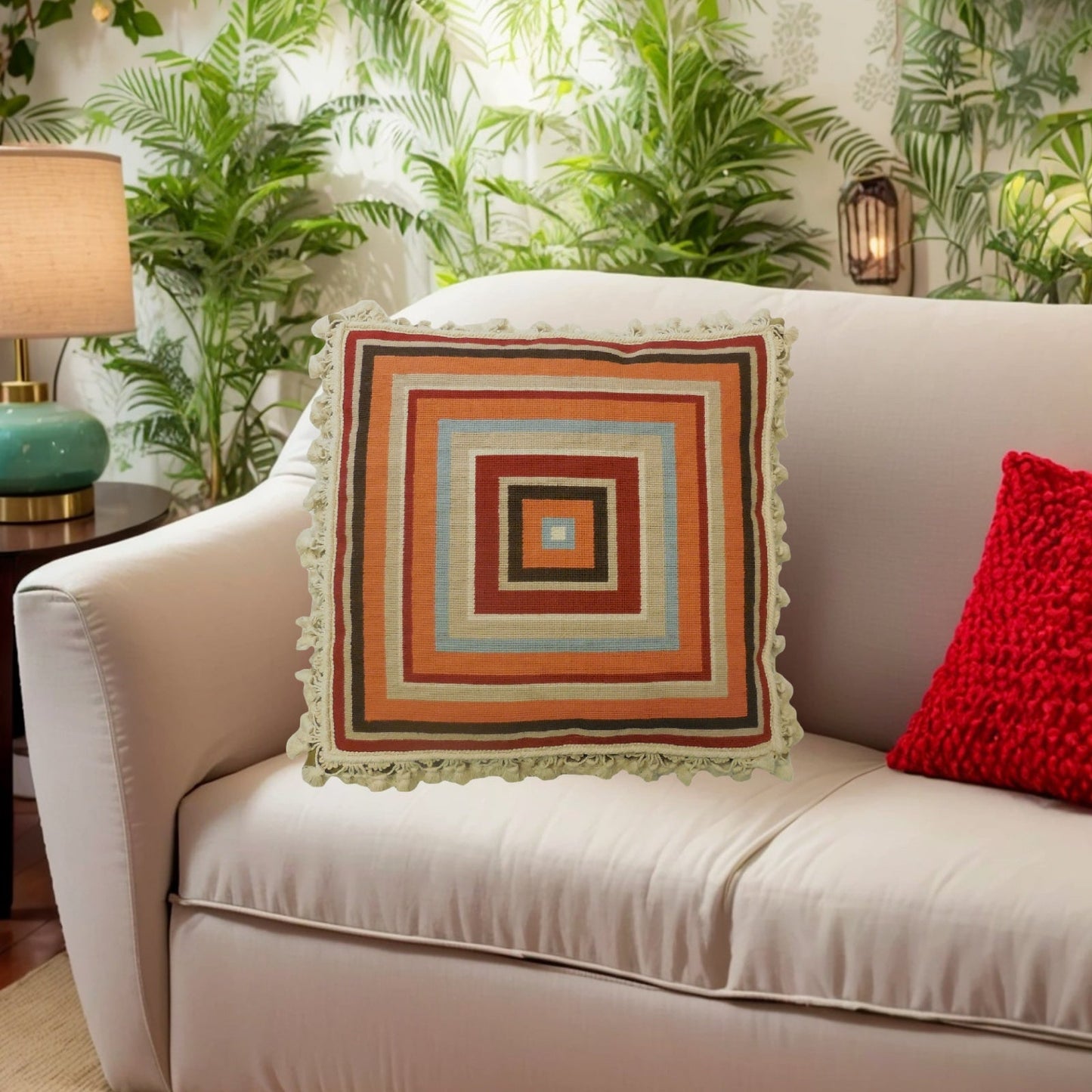 Handmade Wool Needlepoint Pillow Cover - Decorative Throw Cushion Cover - Vintage Floral Embroidery Design square in red, brown, blue, sand, salmon with tassels