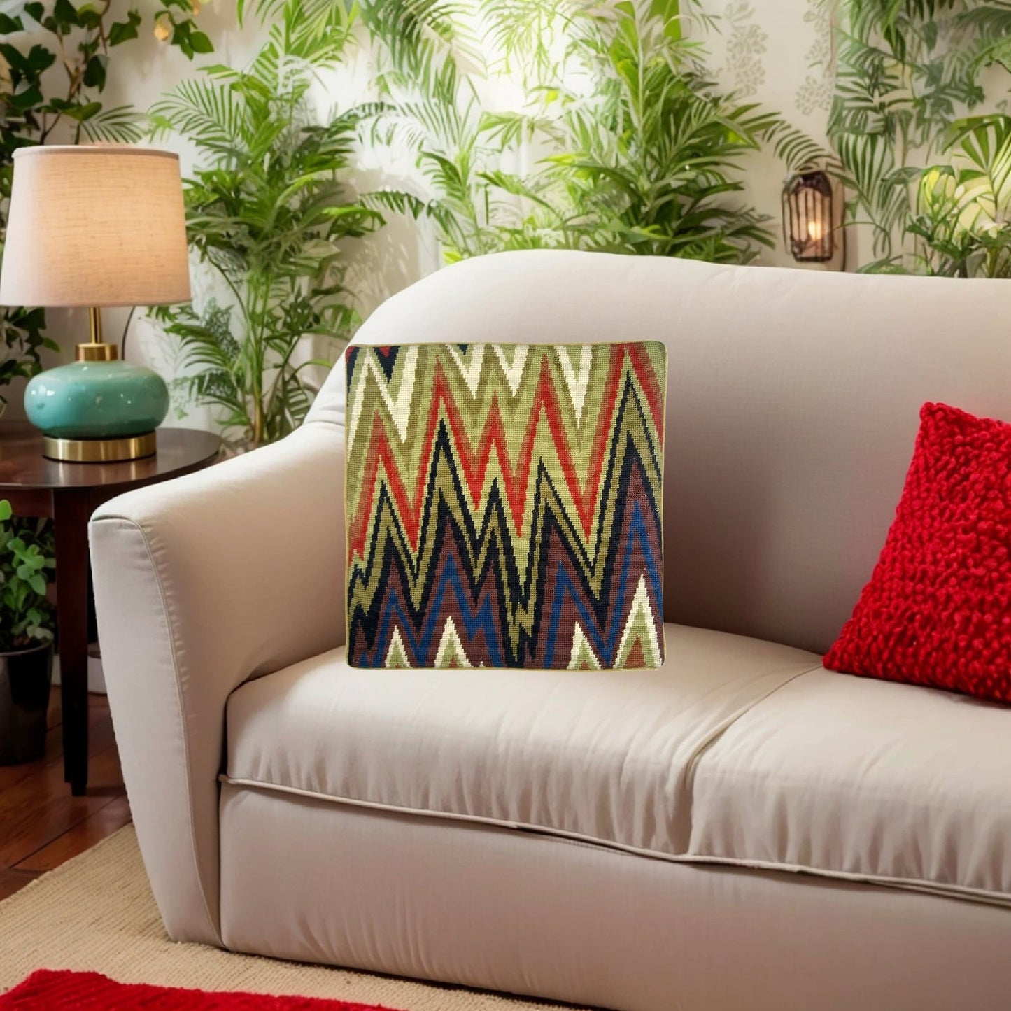 Handmade Wool Needlepoint Pillow Cover - Decorative Throw Cushion Cover - Vintage Floral Embroidery Design lighting in brown, blue, olive, red, ivory