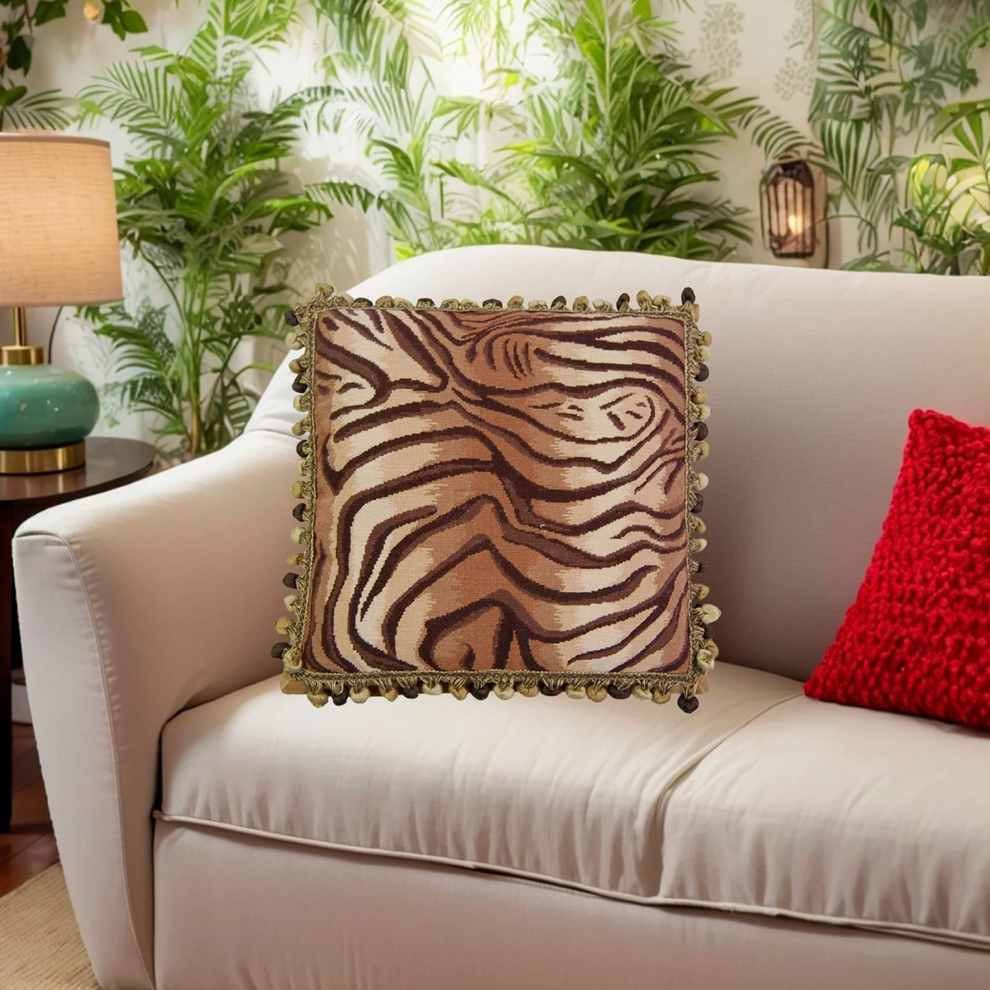 Handmade Wool Needlepoint Pillow Cover - Decorative Throw Cushion Cover - Vintage Floral Embroidery Design  tigger animal print with bush tassel