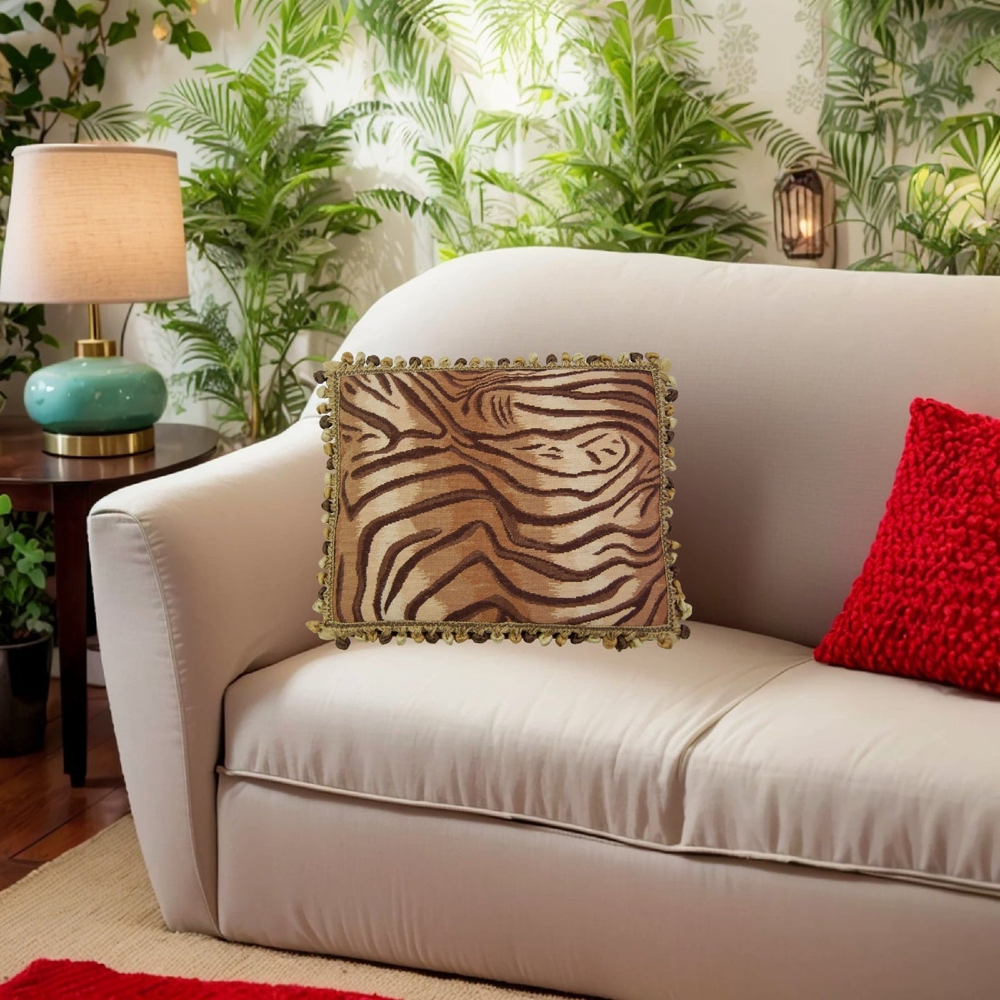 Handmade Wool Needlepoint Pillow Cover - Decorative Throw Cushion Cover - Vintage Floral Embroidery Design  Tiger animal print with 3 color tassel