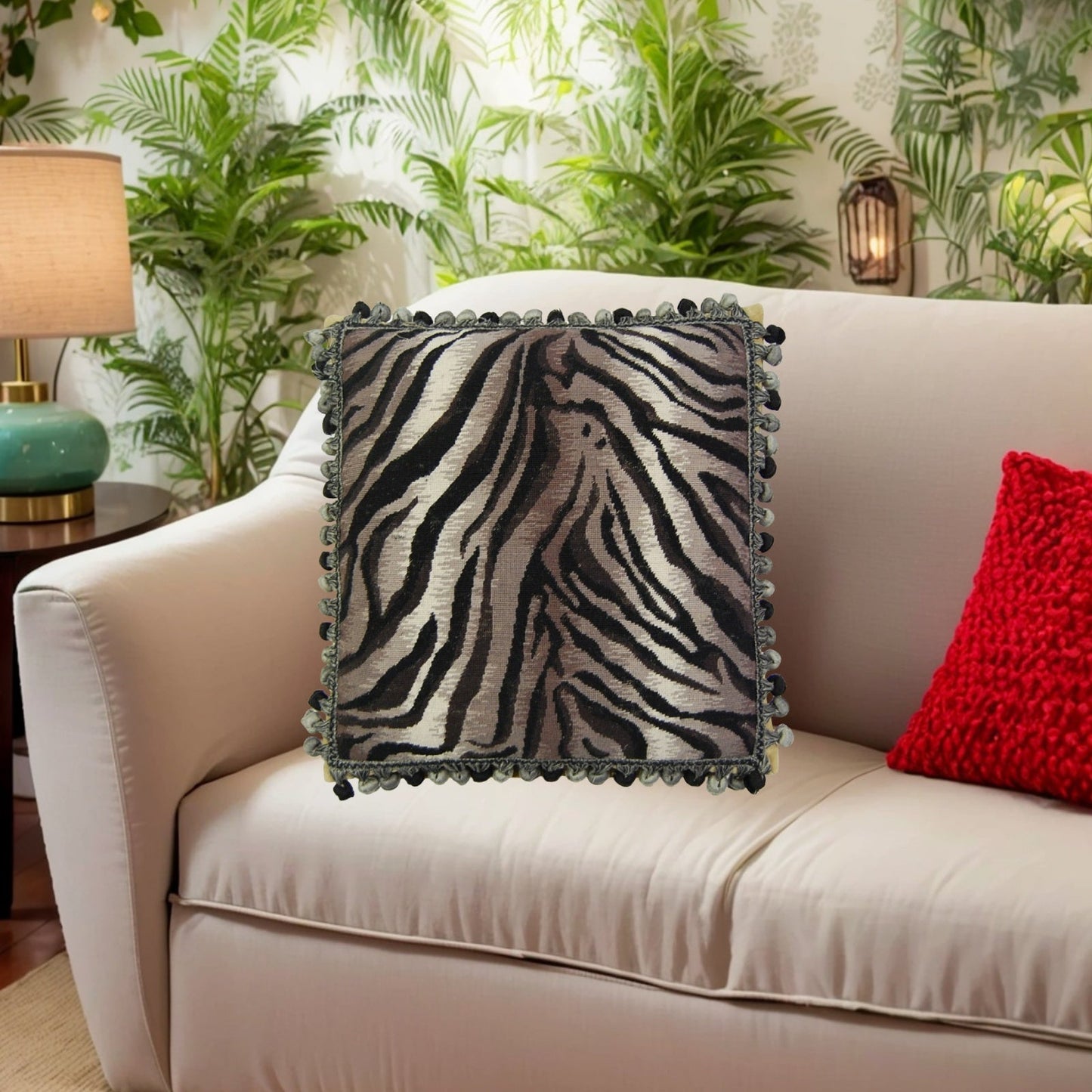 Handmade Wool Needlepoint Pillow Cover - Decorative Throw Cushion Cover - Vintage Floral Embroidery Design  Zabera animal print with bush tassel