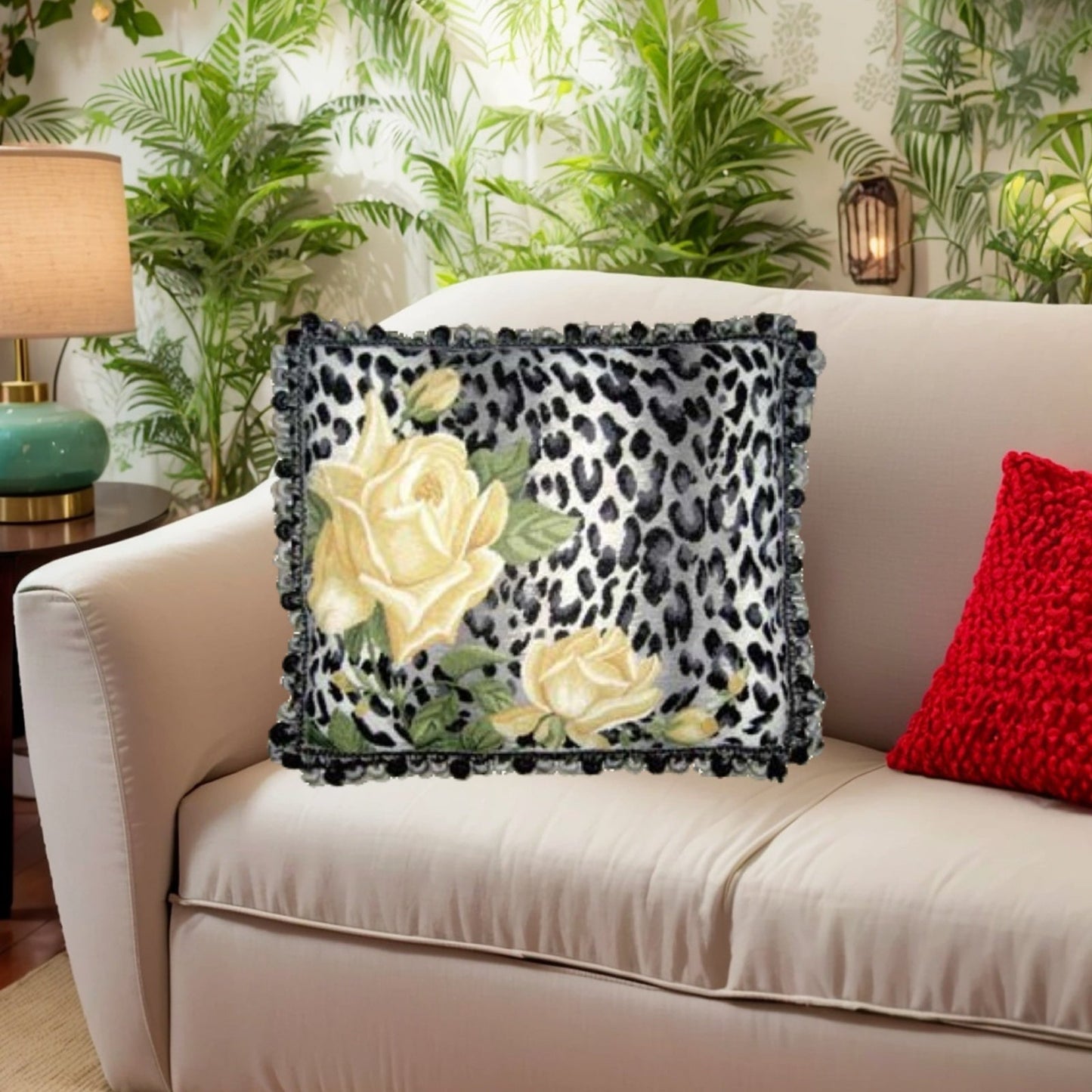 Handmade Wool Needlepoint Pillow Cover - Decorative Throw Cushion Cover - Vintage Floral Embroidery Design B/W leopard print yellow rose with 3 color tassel