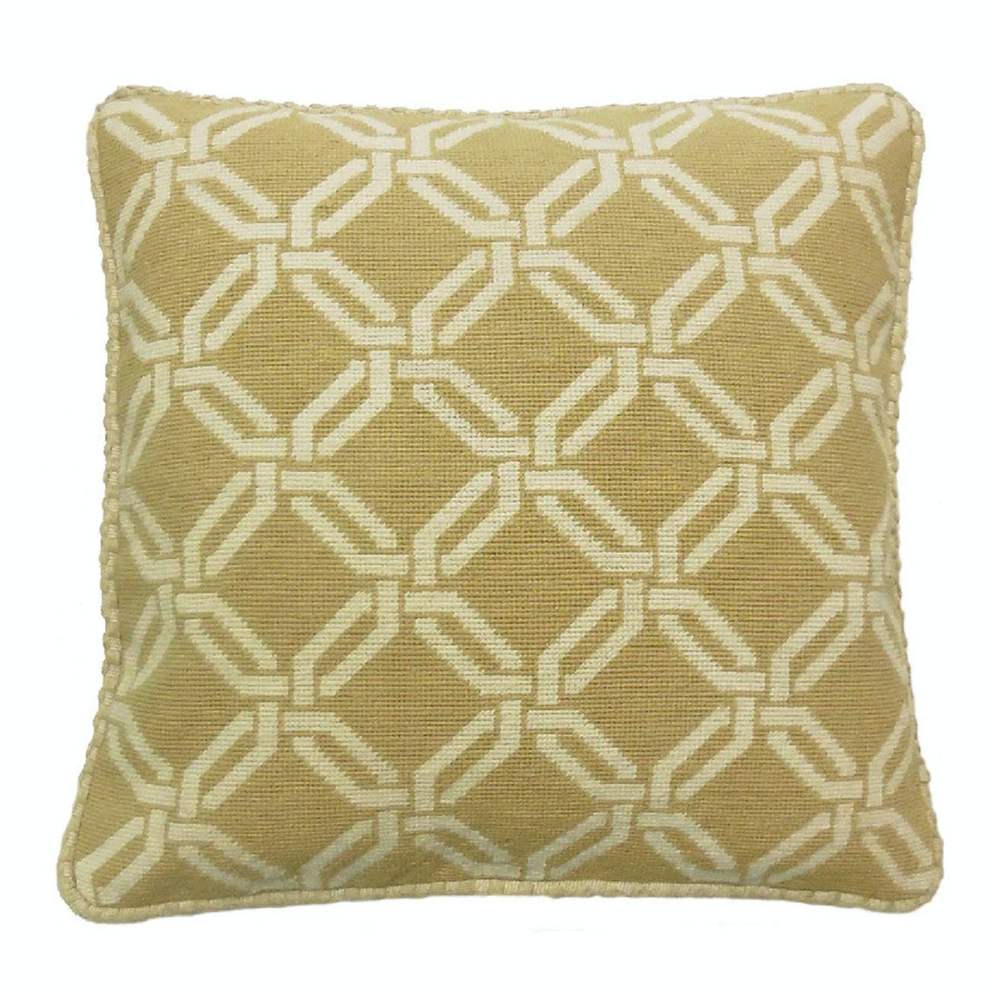 Handmade Wool Needlepoint Pillow Cover - Decorative Throw Cushion Cover - Vintage Floral Embroidery Design chain square in yellow checker cording