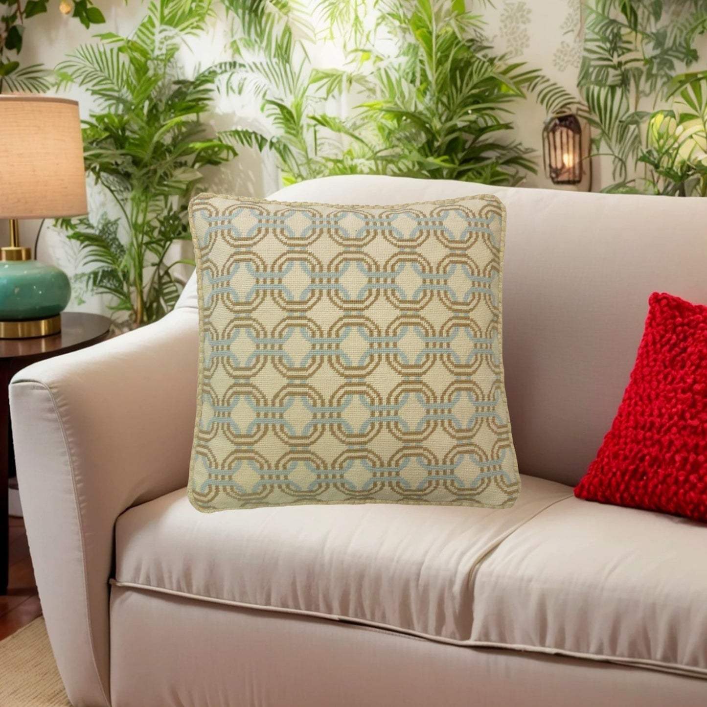 Handmade Wool Needlepoint Pillow Cover - Decorative Throw Cushion Cover - Vintage Floral Embroidery Design chain circle light blue/mustard yellow checker cording