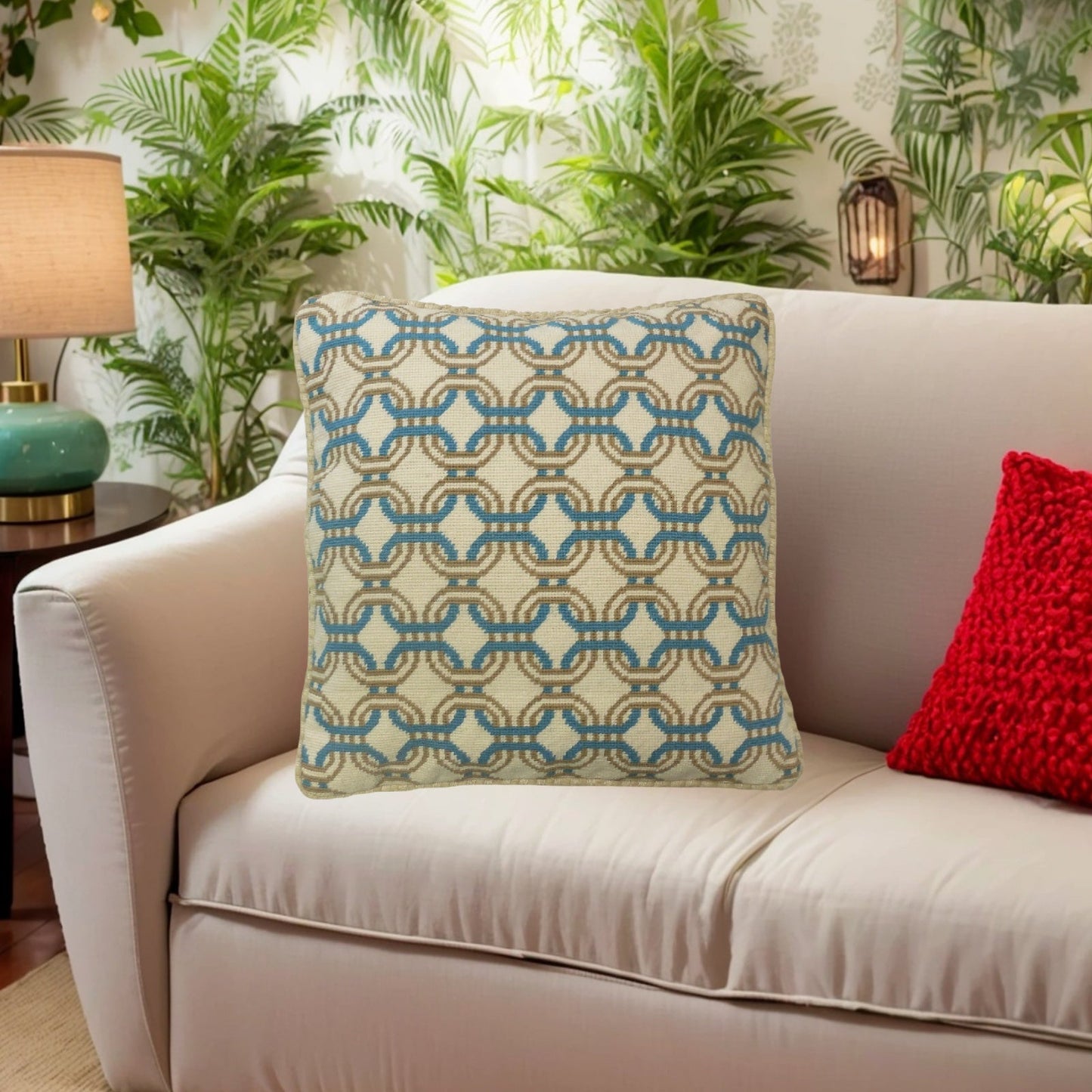 Handmade Wool Needlepoint Pillow Cover - Decorative Throw Cushion Cover - Vintage Floral Embroidery Design chain circle lake blue/mustard yellow checker cording