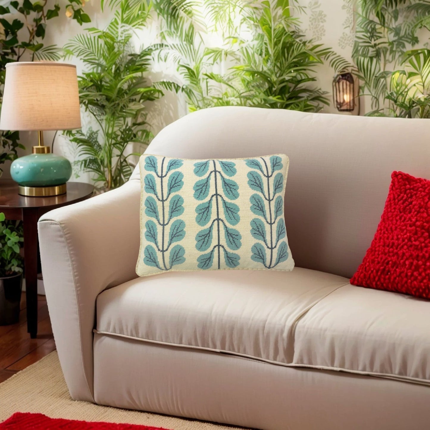 Handmade Wool Needlepoint Pillow Cover - Decorative Throw Cushion Cover - Vintage Floral Embroidery Design 3 lines blue leaves checker cording