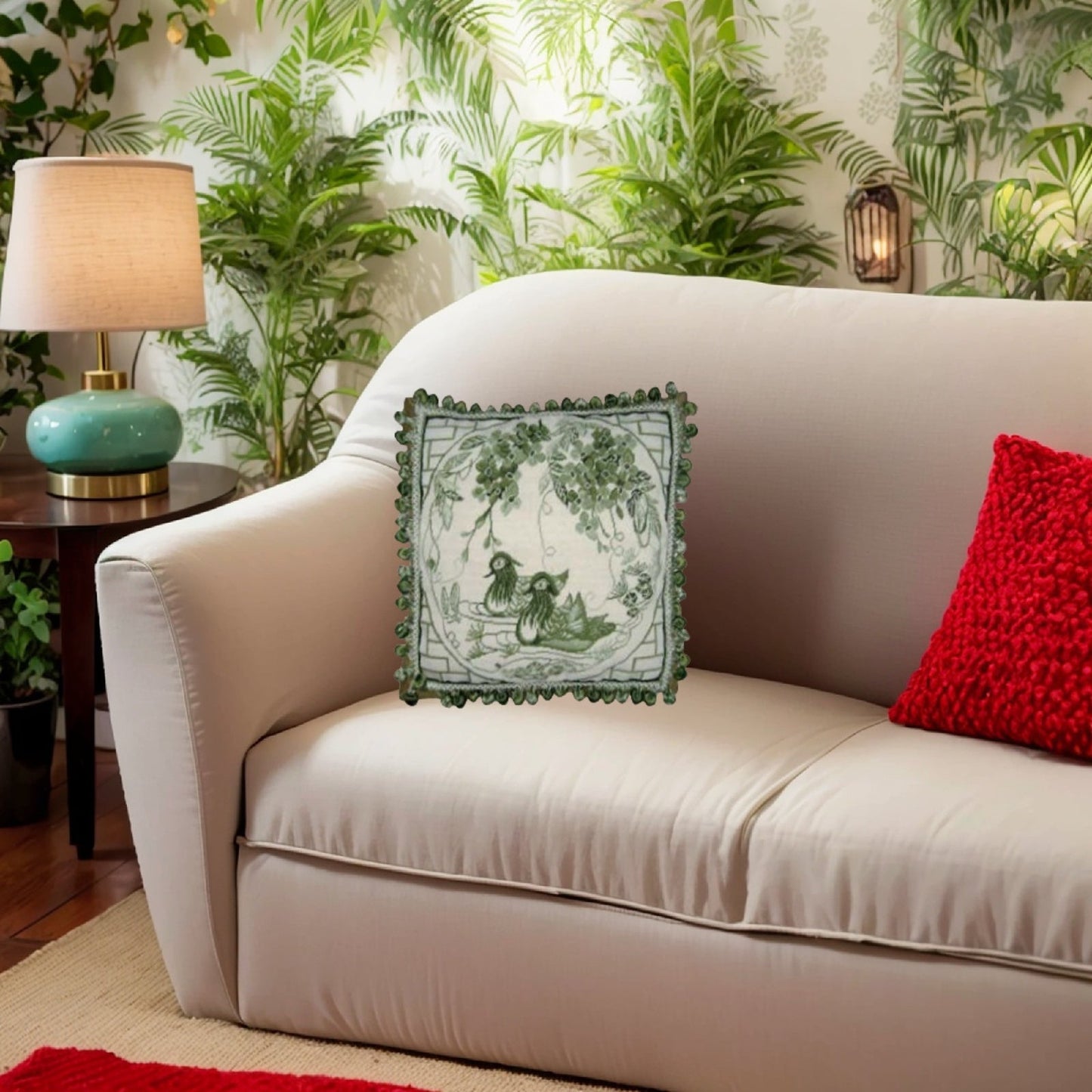 Handmade Wool Needlepoint Pillow Cover - Decorative Throw Cushion Cover - Vintage Floral Embroidery Design  green Manderain Ducks plum flower with tassels