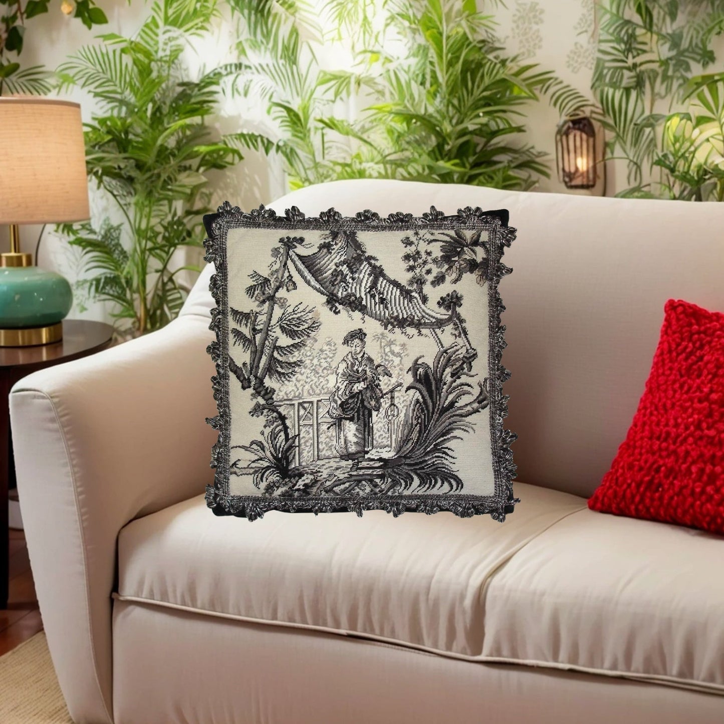 Handmade Wool Needlepoint Pillow Cover - Decorative Throw Cushion Cover - Vintage Floral Embroidery Design  Chinese fishman black/white