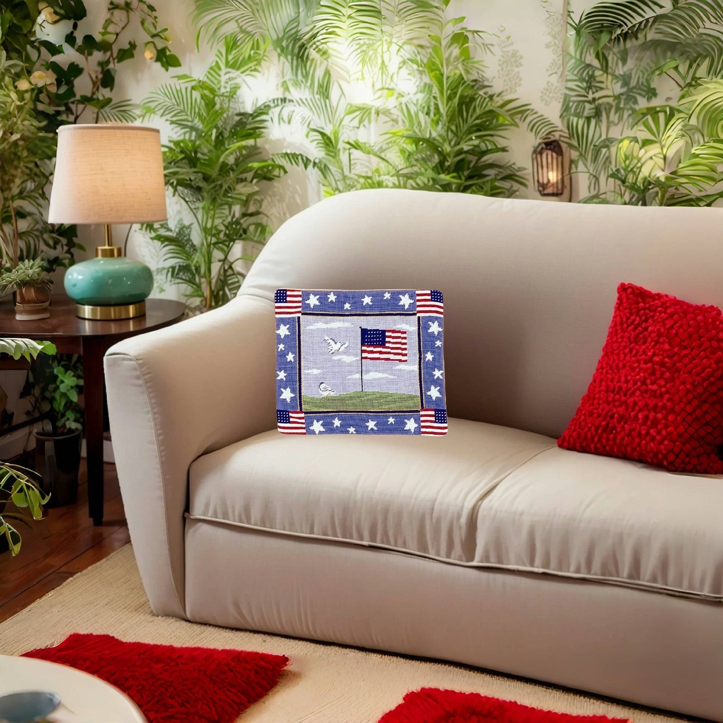 Handmade Wool Needlepoint Pillow Cover - Decorative Throw Cushion Cover - Vintage Floral Embroidery Design center flag  & 4 corner 4 flags