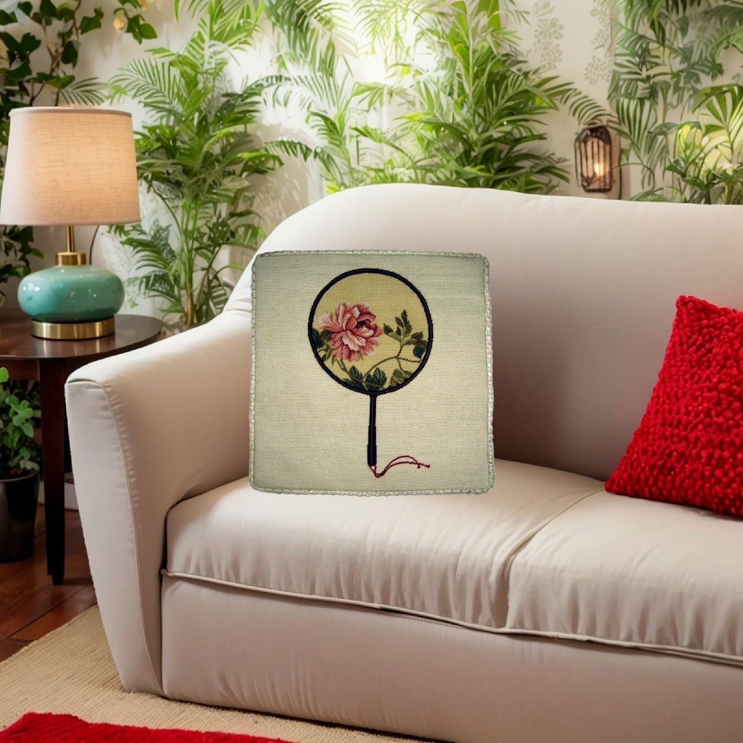 Handmade Wool Needlepoint Pillow Cover - Decorative Throw Cushion Cover - Vintage Floral Embroidery Design pink peony in the Chinese fan with checker border