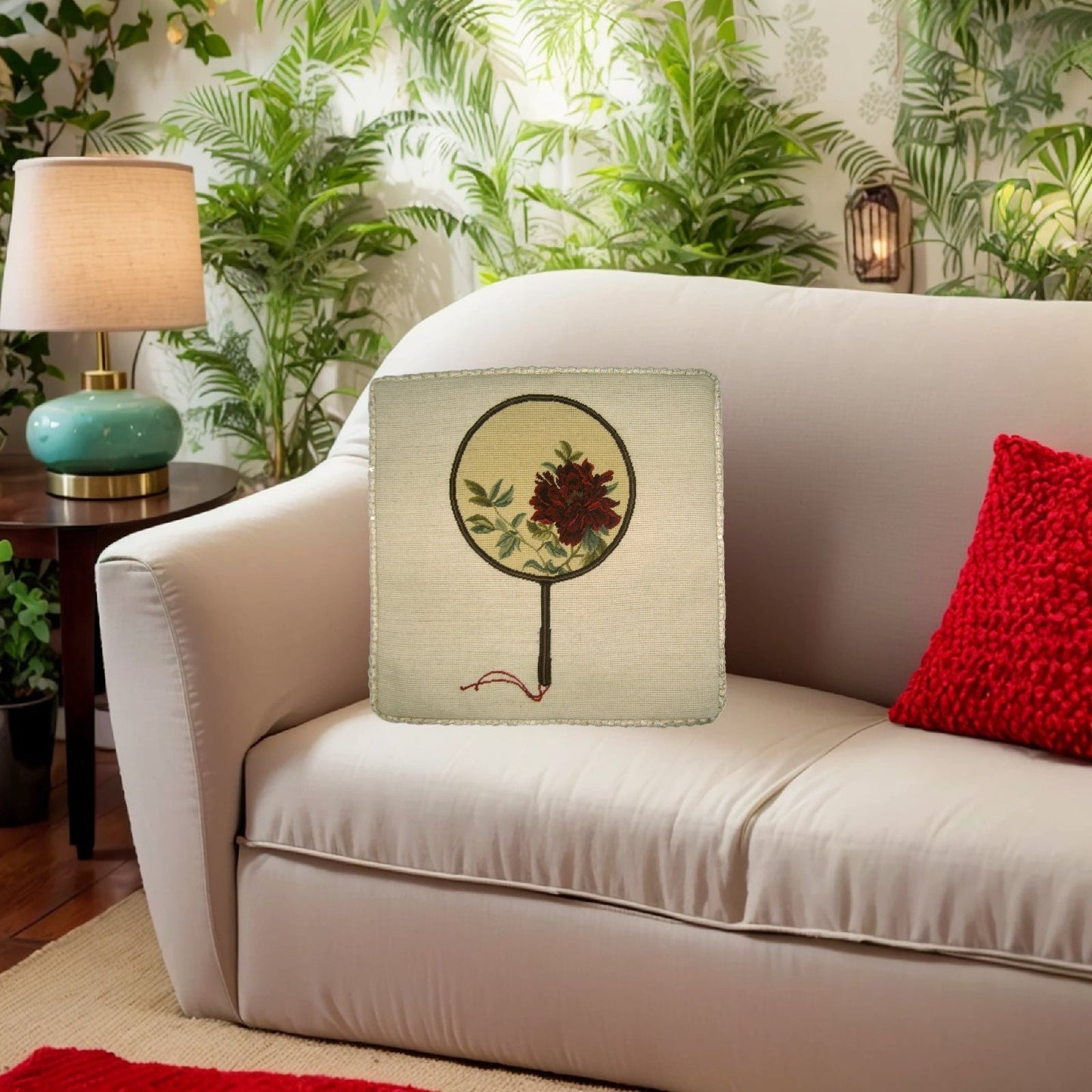 Handmade Wool Needlepoint Pillow Cover - Decorative Throw Cushion Cover - Vintage Floral Embroidery Design red peony in Chines fan with checker cording