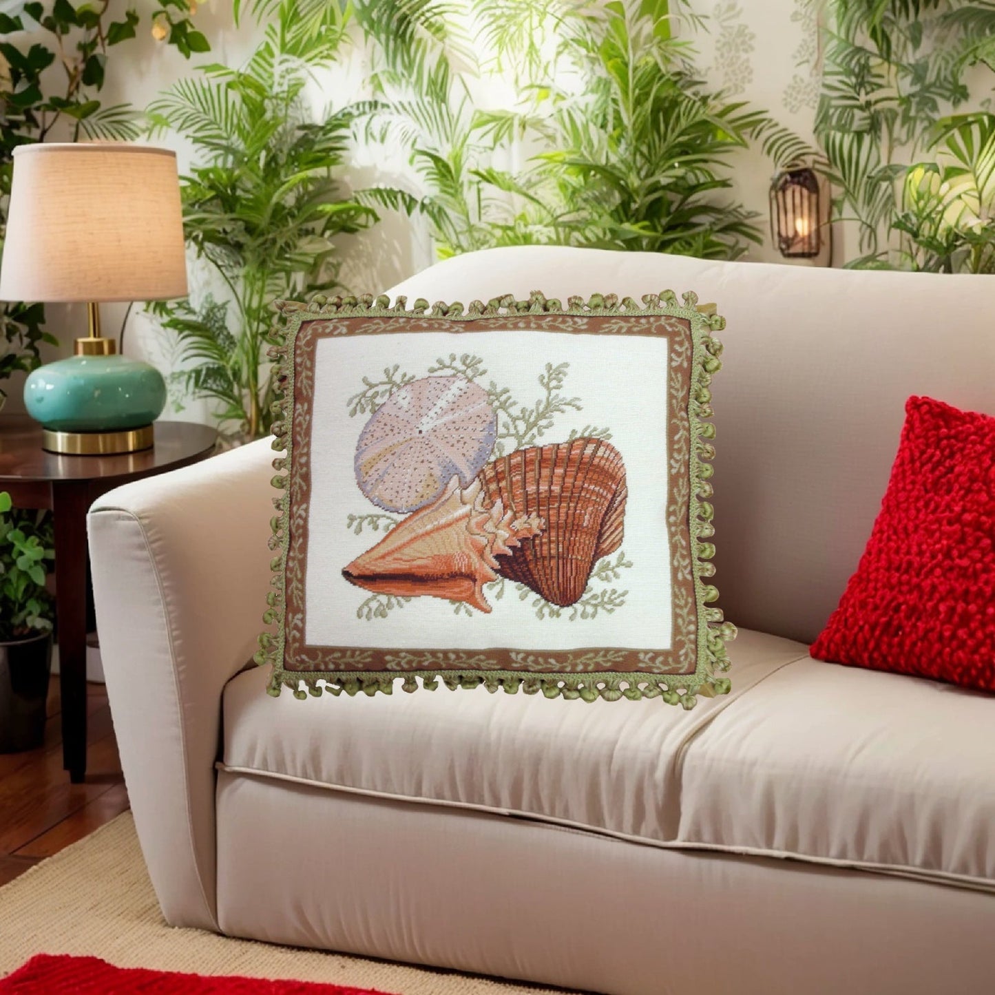 Handmade Wool Needlepoint Pillow Cover - Decorative Throw Cushion Cover - Vintage Floral Embroidery Design  Wendy Russells Shell-1 with tassel