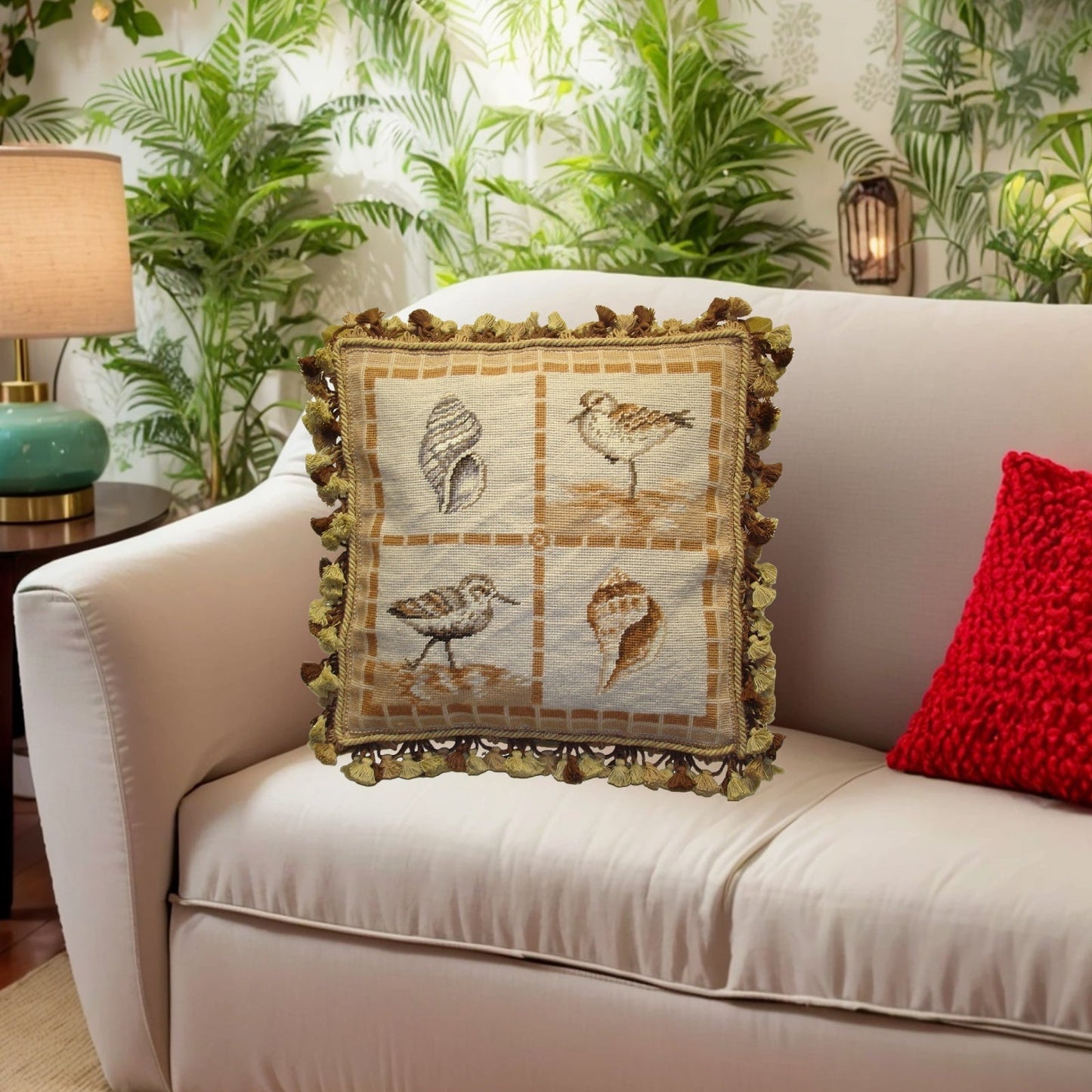 Handmade Wool Needlepoint Pillow Cover - Decorative Throw Cushion Cover - Vintage Floral Embroidery Design Brown bird and shell with tassel