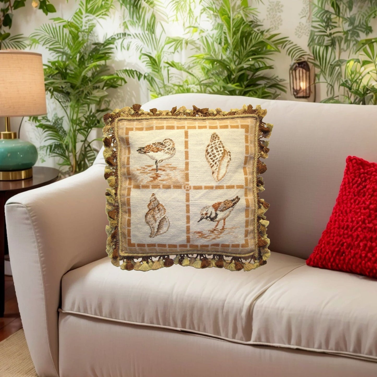 Handmade Wool Needlepoint Pillow Cover - Decorative Throw Cushion Cover - Vintage Floral Embroidery Design stone shells and birds with tassel