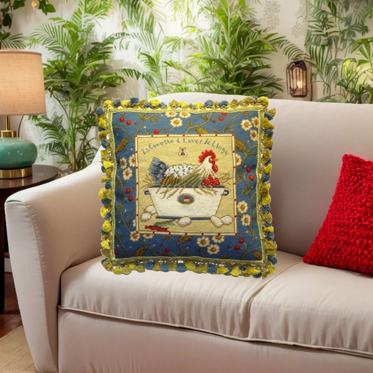 Handmade Wool Needlepoint Pillow Cover - Decorative Throw Cushion Cover - Vintage Floral Embroidery Design Sudi McCollums designLa Cuvette a Laver le Linge with  bee and 3 color tassel