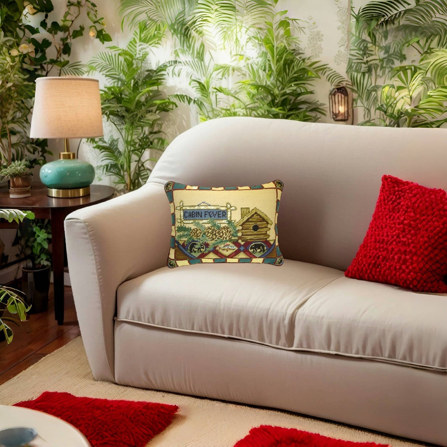 Handmade Wool Needlepoint Pillow Cover - Decorative Throw Cushion Cover - Vintage Floral Embroidery Design Laurie Kosgaden designCabin Fever