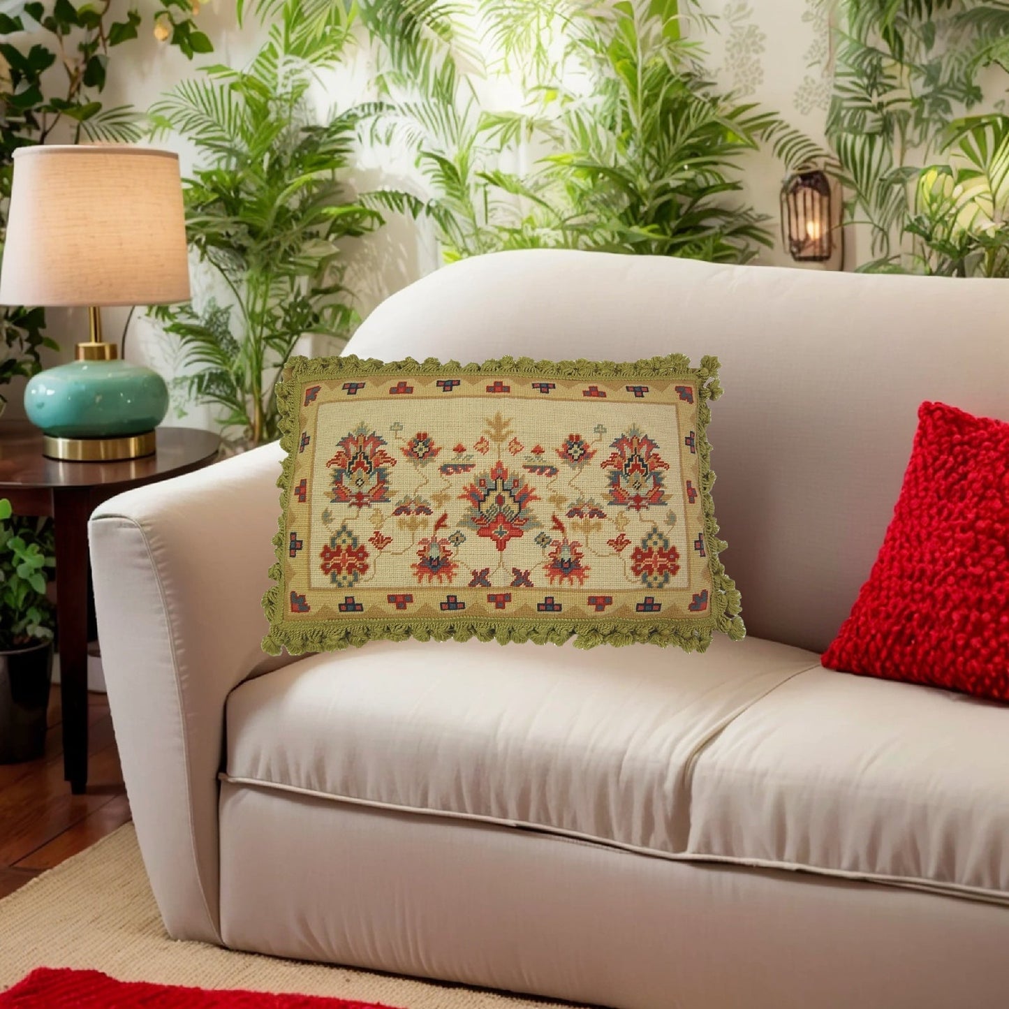 Handmade Wool Needlepoint Pillow Cover - Decorative Throw Cushion Cover - Vintage Floral Embroidery Design Turkish gold/red designs with gold tassels I