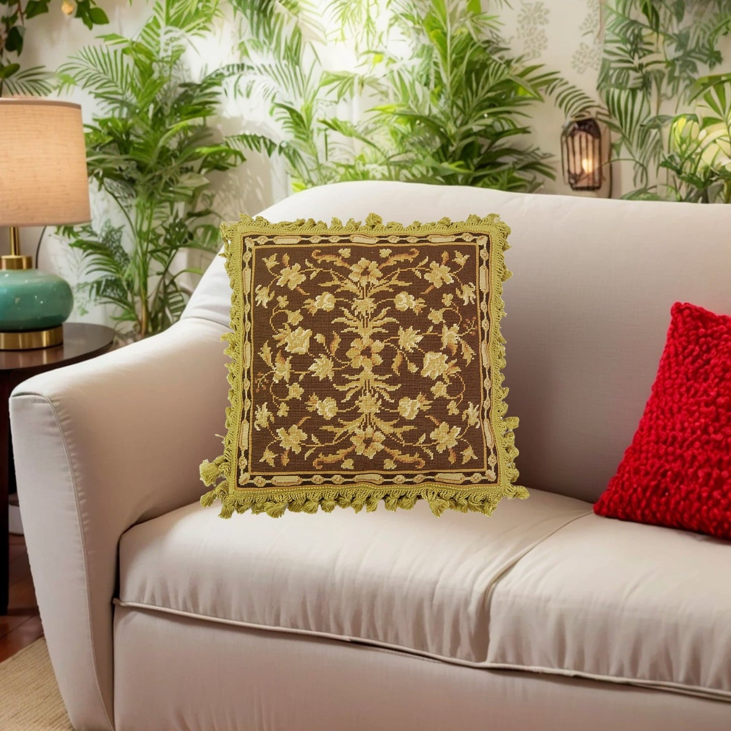 Handmade Wool Needlepoint Pillow Cover - Decorative Throw Cushion Cover - Vintage Floral Embroidery Design milk brown-gold samll leaves with tassels