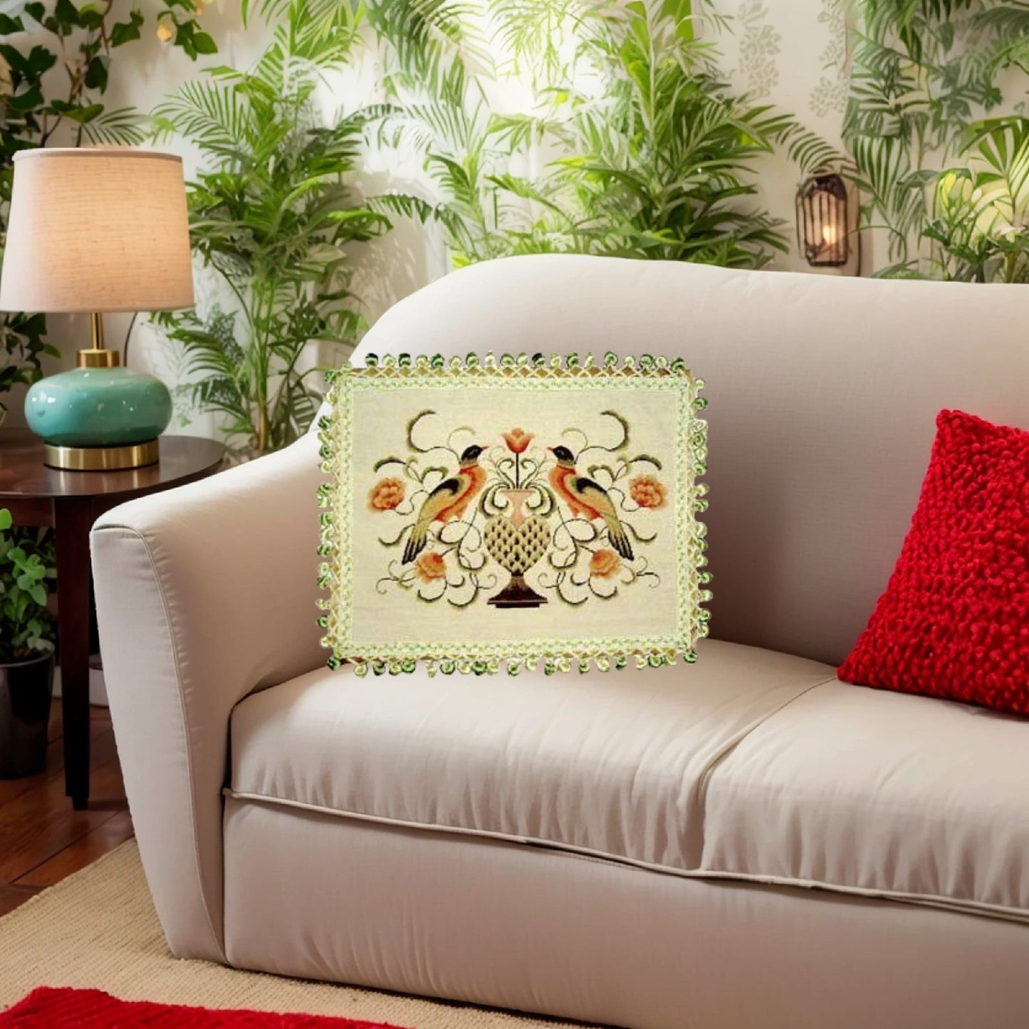 Handmade Wool Needlepoint Pillow Cover - Decorative Throw Cushion Cover - Vintage Floral Embroidery Design  2 birds with 2 color tassels