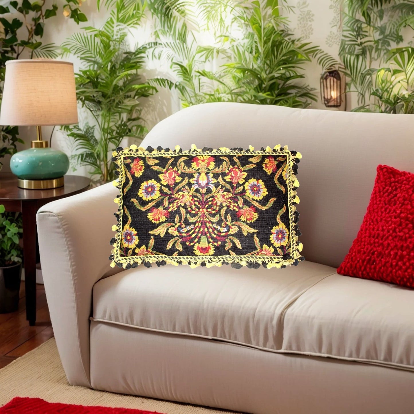 Handmade Wool Needlepoint Pillow Cover - Decorative Throw Cushion Cover - Vintage Floral Embroidery Design William Morris design black with 3 color tassel