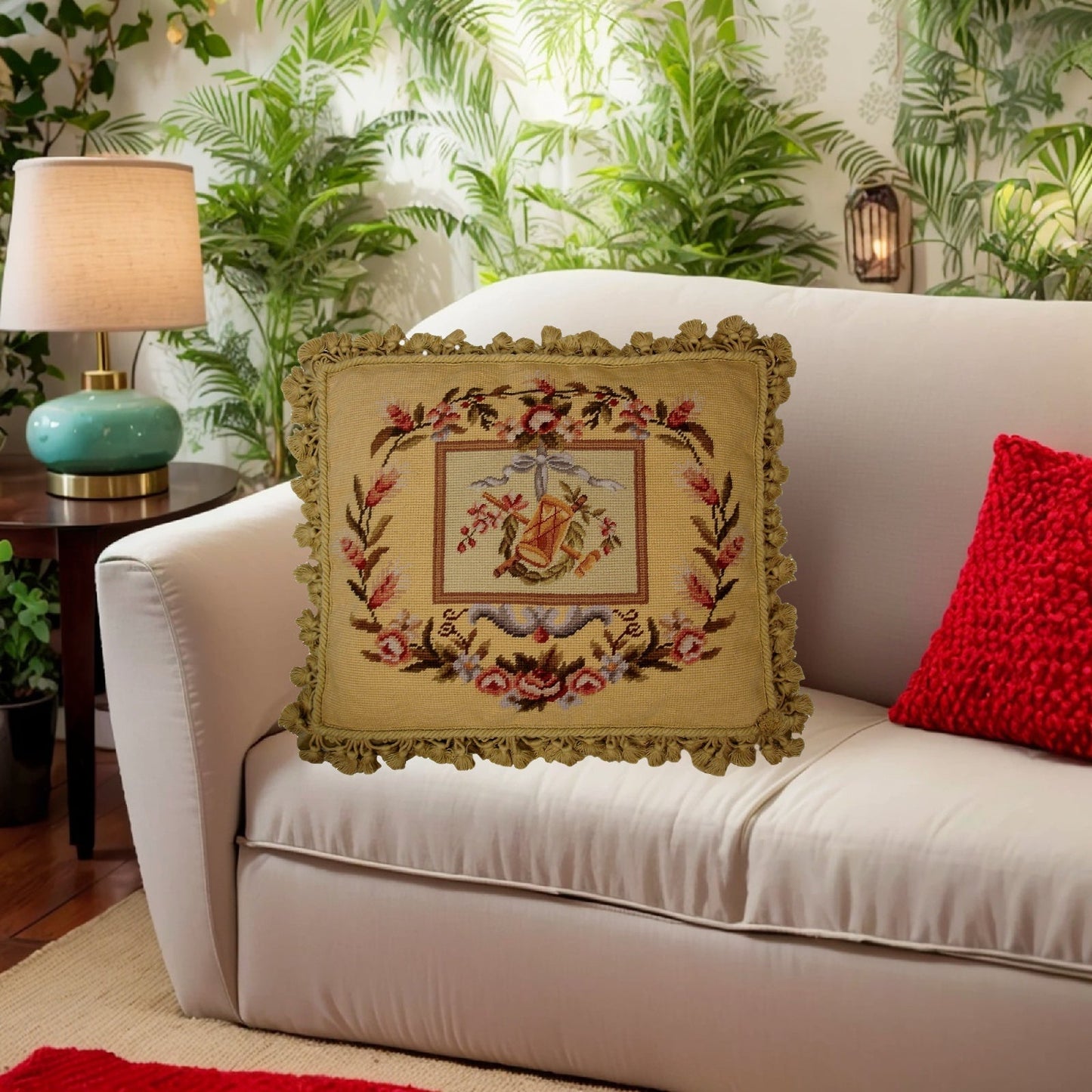 Handmade Wool Needlepoint Pillow Cover - Decorative Throw Cushion Cover - Vintage Floral Embroidery Design Pettipoing Drum background