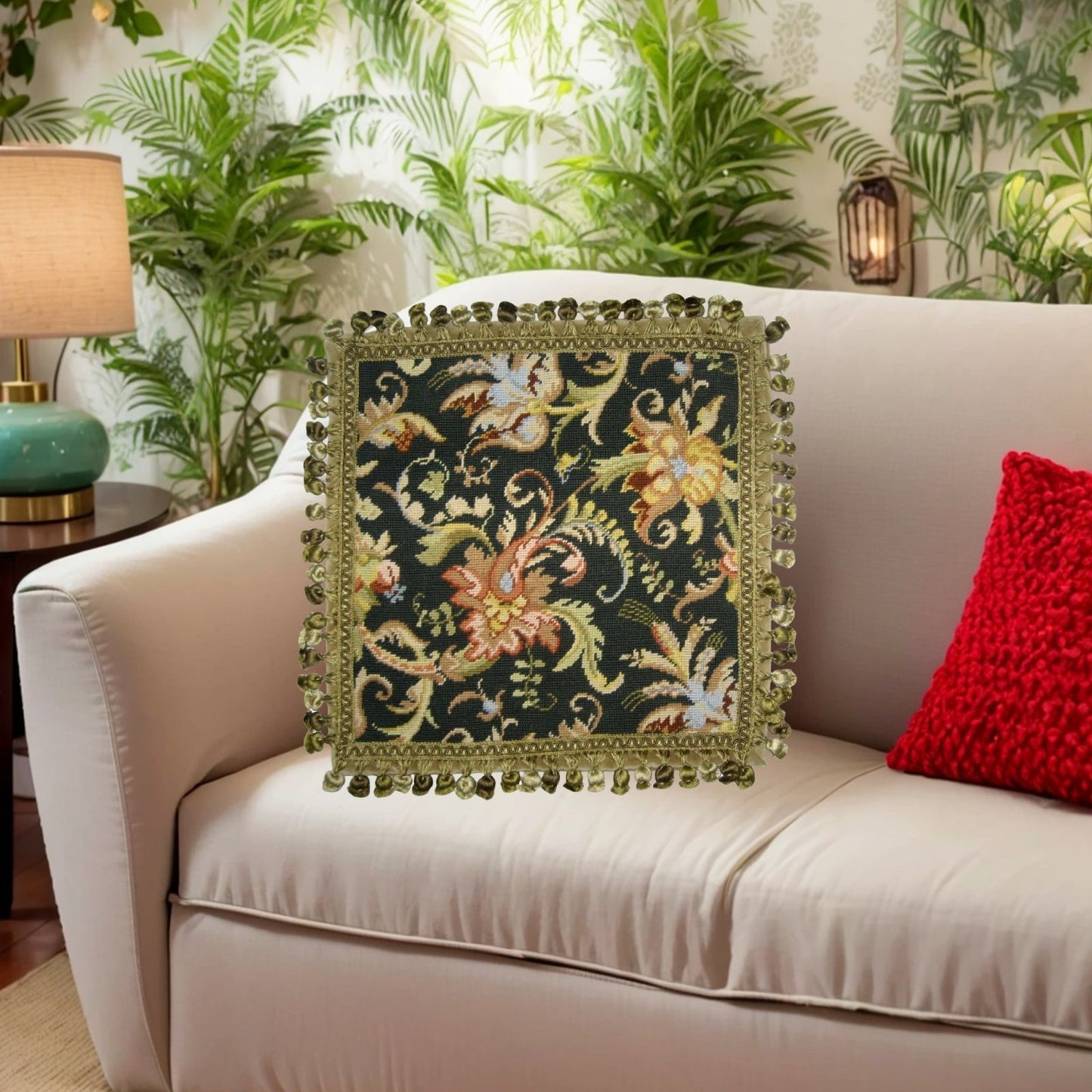 Handmade Wool Needlepoint Pillow Cover - Decorative Throw Cushion Cover - Vintage Floral Embroidery Design wheat flower blooming in summer midnight washed black back with tassels