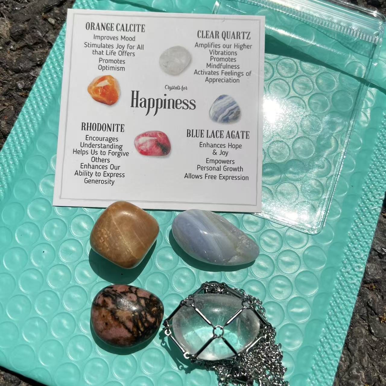 Crystal Healing Set: Tumbled Stones, Cage Necklace, Info Card - Wellness Gift