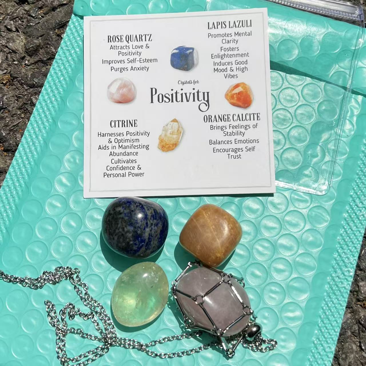 Crystal Healing Set: Tumbled Stones, Cage Necklace, Info Card - Wellness Gift