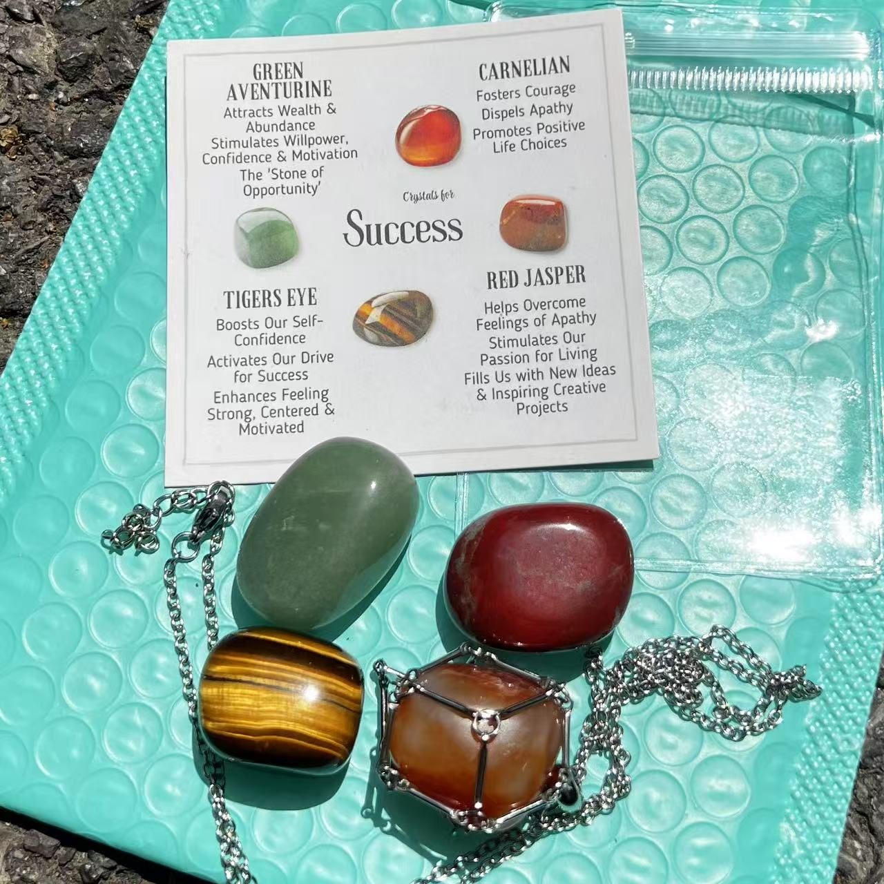 Crystal Healing Set: Tumbled Stones, Cage Necklace, Info Card - Wellness Gift