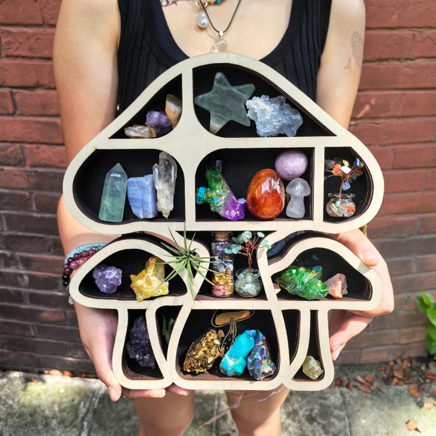 Handmade Mushroom-Shaped Crystal Display Shelf | Wooden Mushroom Wall Hanging | Unique Boho Home Décor for Gemstone Lovers