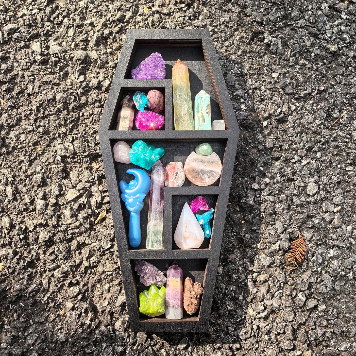 Coffin Crystal Shelf - Wooden Display Shelf for Healing Crystals, Witchy Room Decor, Gothic Altar Shelf, Spiritual Home Decor