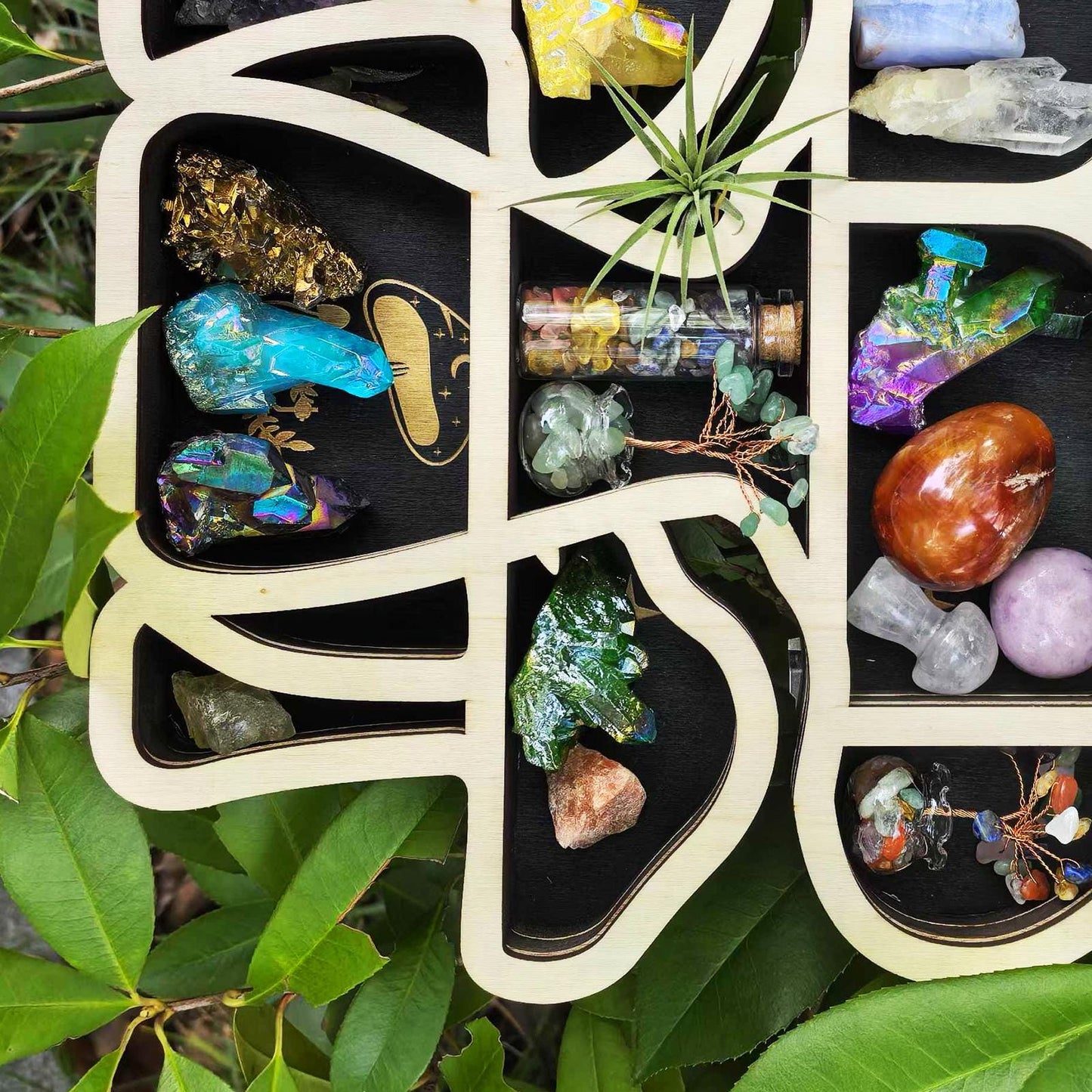 Handmade Mushroom-Shaped Crystal Display Shelf | Wooden Mushroom Wall Hanging | Unique Boho Home Décor for Gemstone Lovers