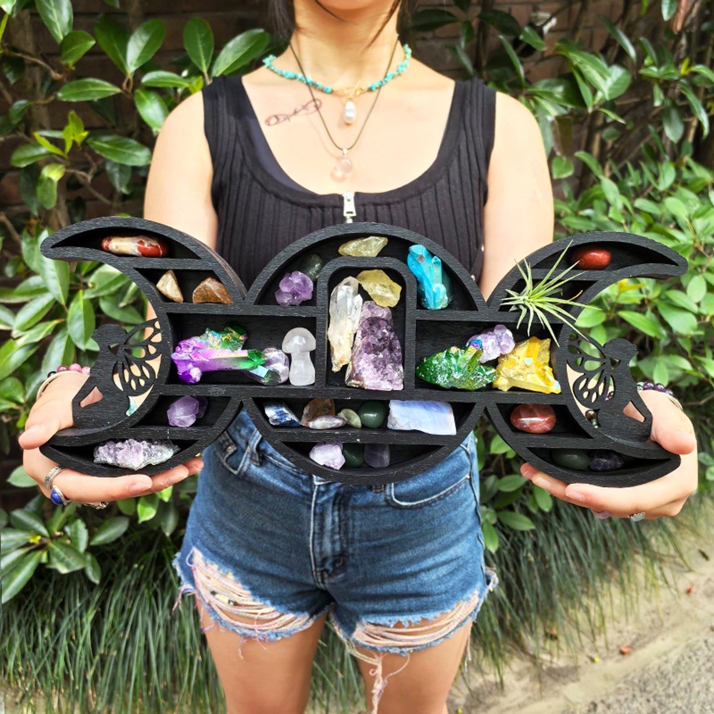 Triple Moon Shelf with Fairy Design - Crystal Display Shelf for Healing Crystals, Moon Decor, Witchy Room Decor, Spiritual Decor, Boho Decor