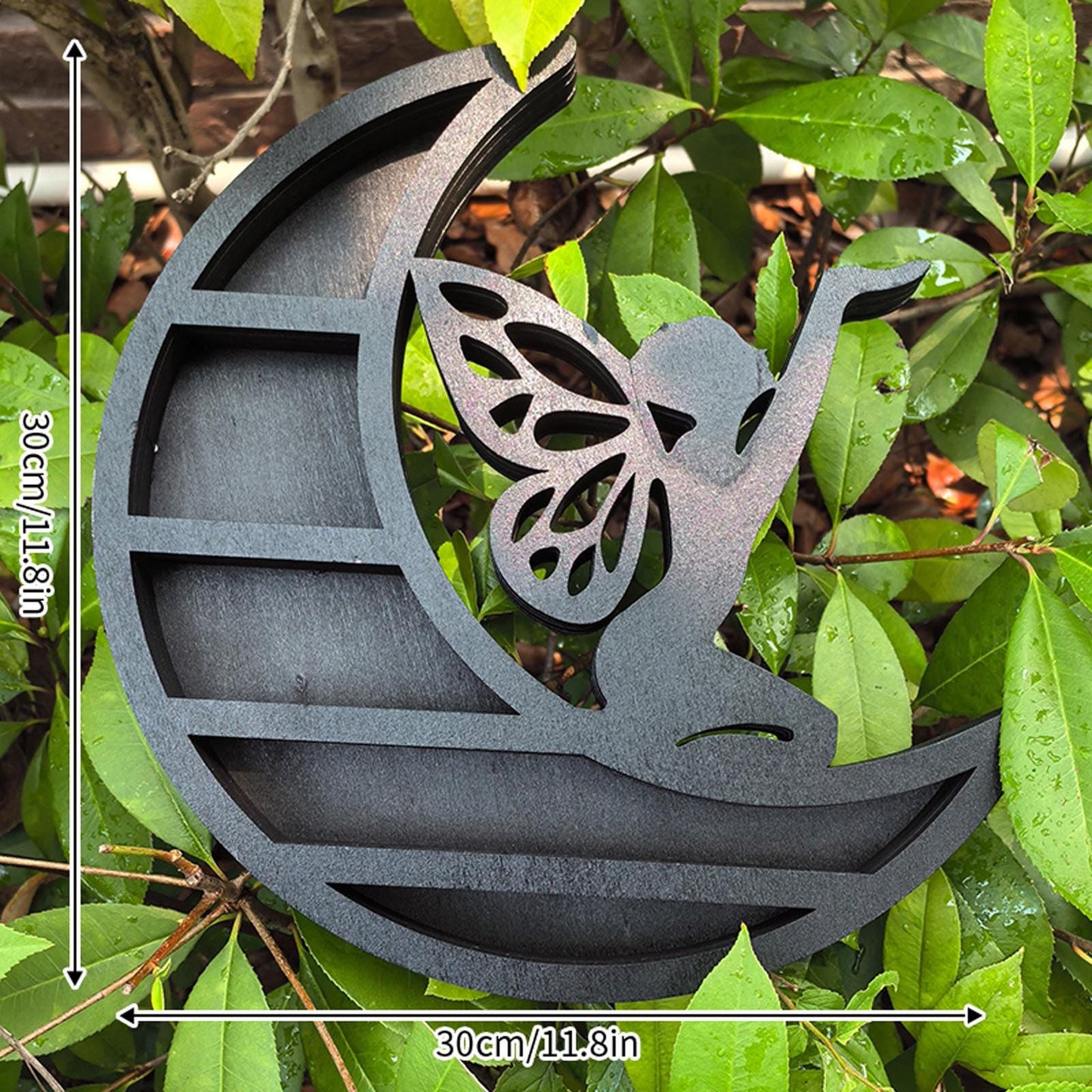 Moon Fairy Crystal Shelf – Wooden Crystal Display Stand with Fairy Design, Chakra Rock Display, Decorative Witchy Room Decor