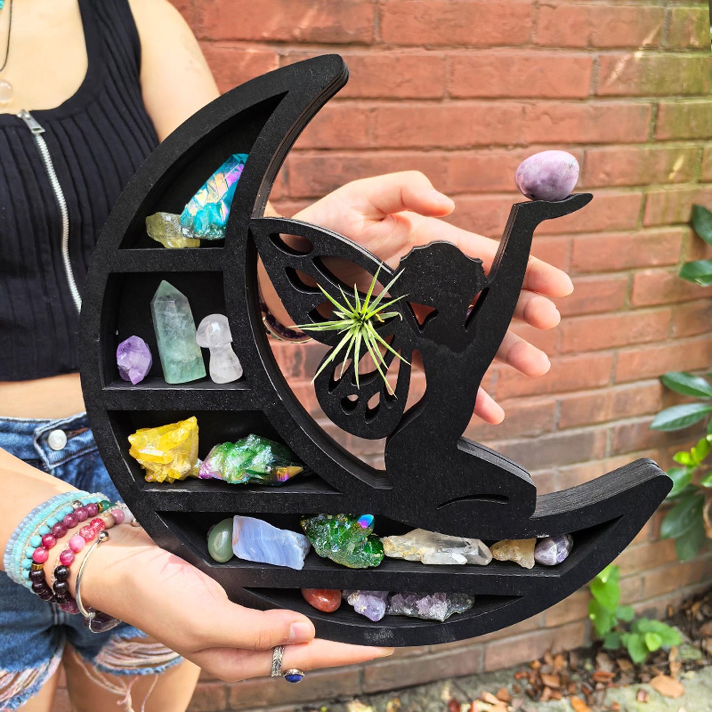 Moon Fairy Crystal Shelf – Wooden Crystal Display Stand with Fairy Design, Chakra Rock Display, Decorative Witchy Room Decor