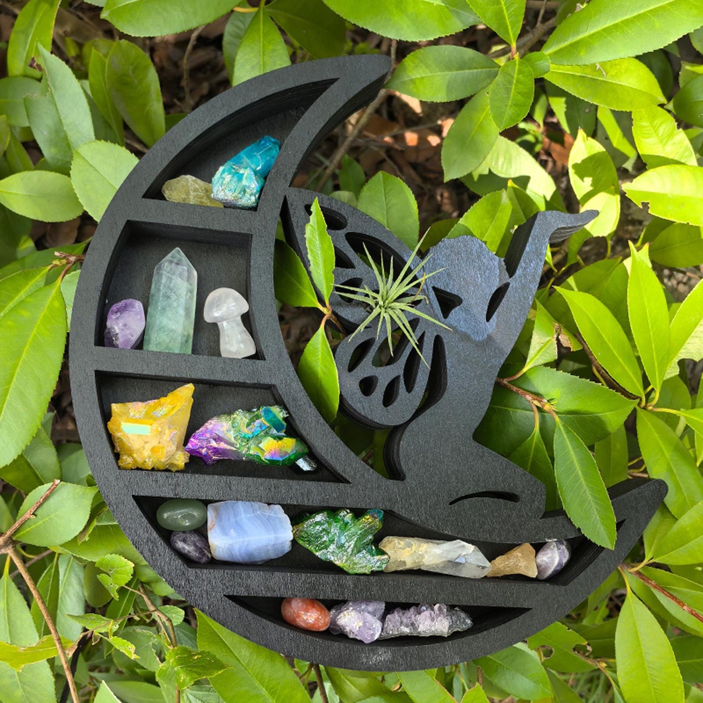 Moon Fairy Crystal Shelf – Wooden Crystal Display Stand with Fairy Design, Chakra Rock Display, Decorative Witchy Room Decor