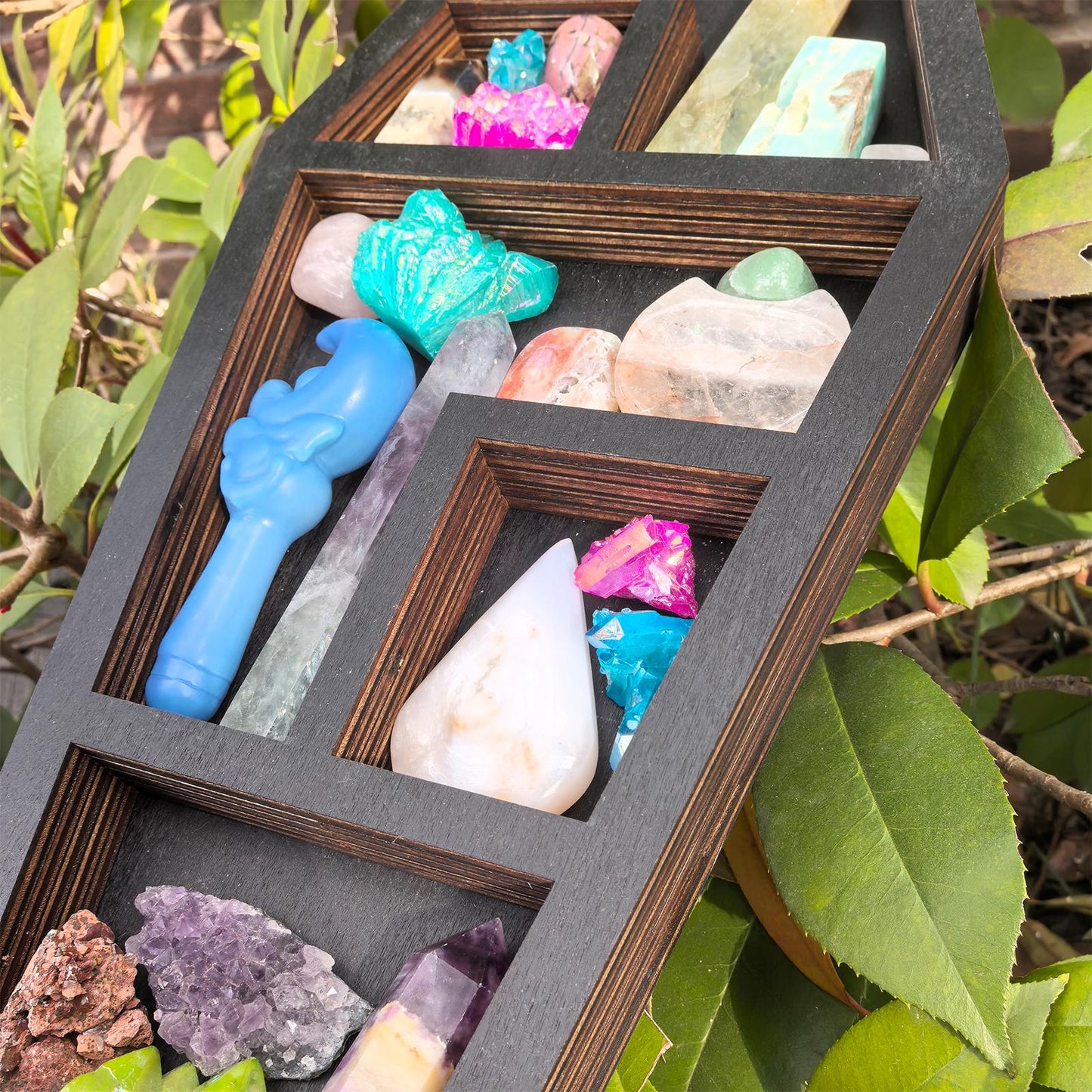 Coffin Crystal Shelf - Wooden Display Shelf for Healing Crystals, Witchy Room Decor, Gothic Altar Shelf, Spiritual Home Decor