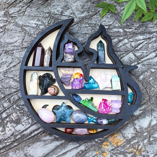Cat Moon Crystal Shelf – Wooden Display Shelf for Crystals, Witchy Decor, Gothic Home Decor, Boho Altar Storage, Celestial Wall Art