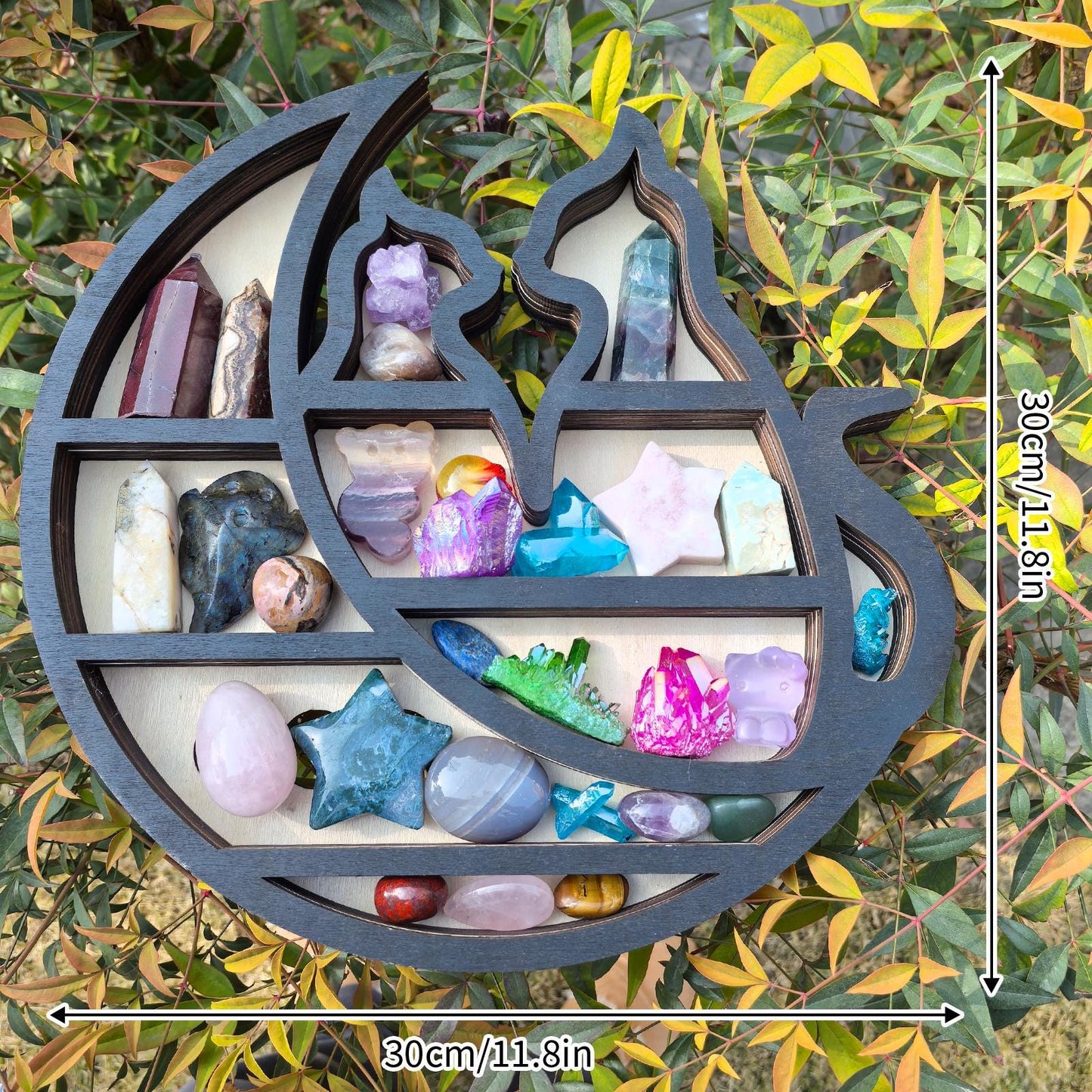 Cat Moon Crystal Shelf – Wooden Display Shelf for Crystals, Witchy Decor, Gothic Home Decor, Boho Altar Storage, Celestial Wall Art