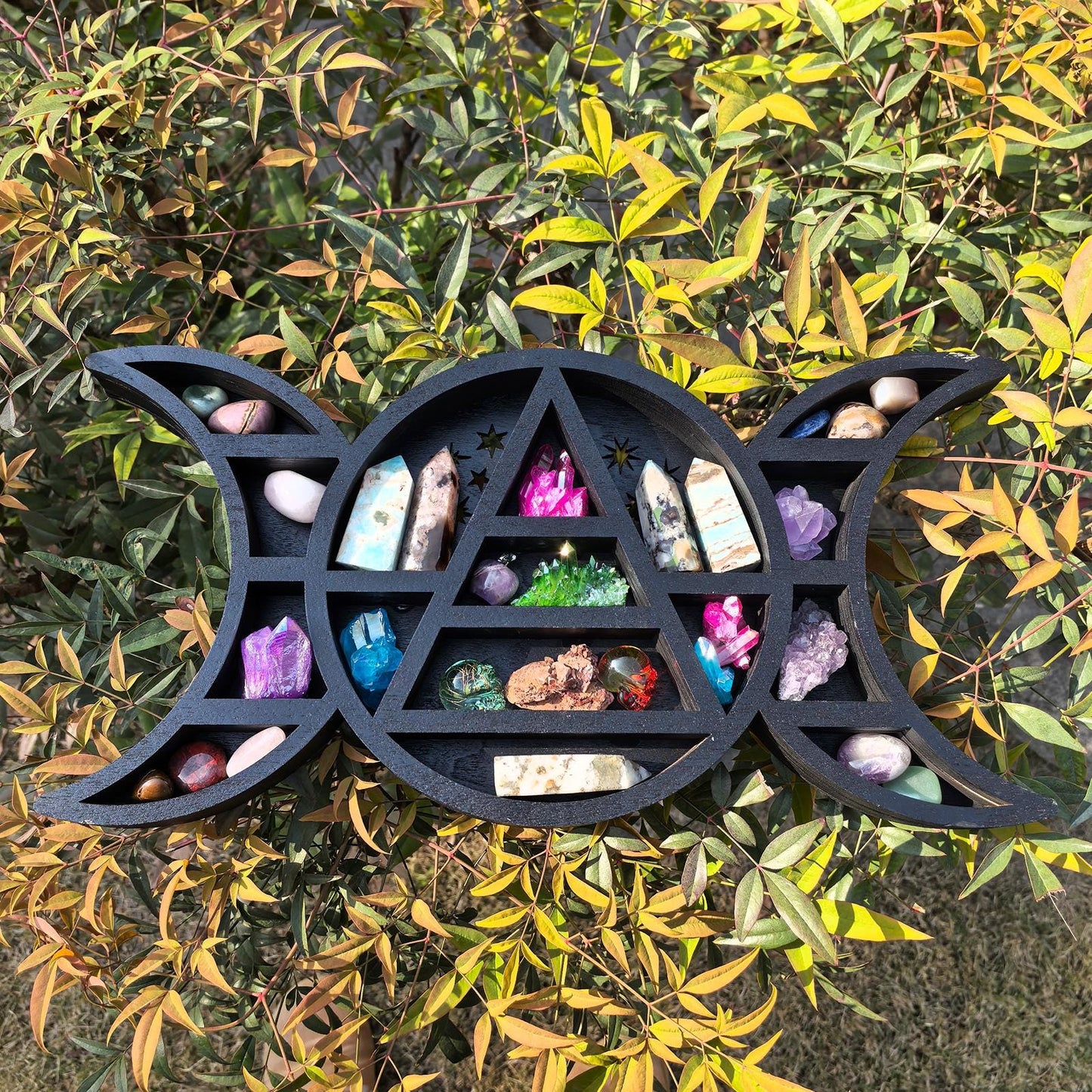 Triple Moon Crystal Shelf – Wooden Witchy Display Shelf, Gothic Altar Decor, Celestial Moon Phase Storage, Spiritual Home Decor