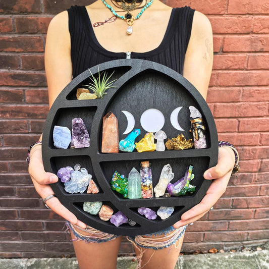 Triple Moon Crystal Shelf – Wooden Celestial Display, Moon Phase Altar Shelf, Witchy Room Decor, Gothic Spiritual Storage, Boho Wall Art