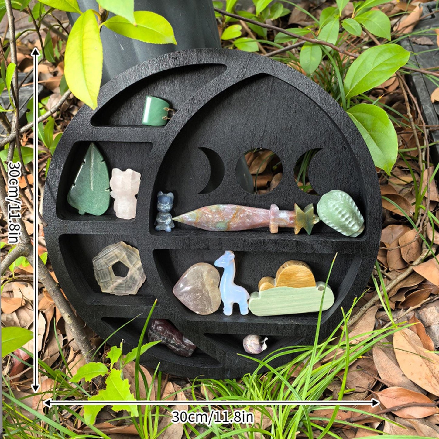 Triple Moon Crystal Shelf – Wooden Celestial Display, Moon Phase Altar Shelf, Witchy Room Decor, Gothic Spiritual Storage, Boho Wall Art